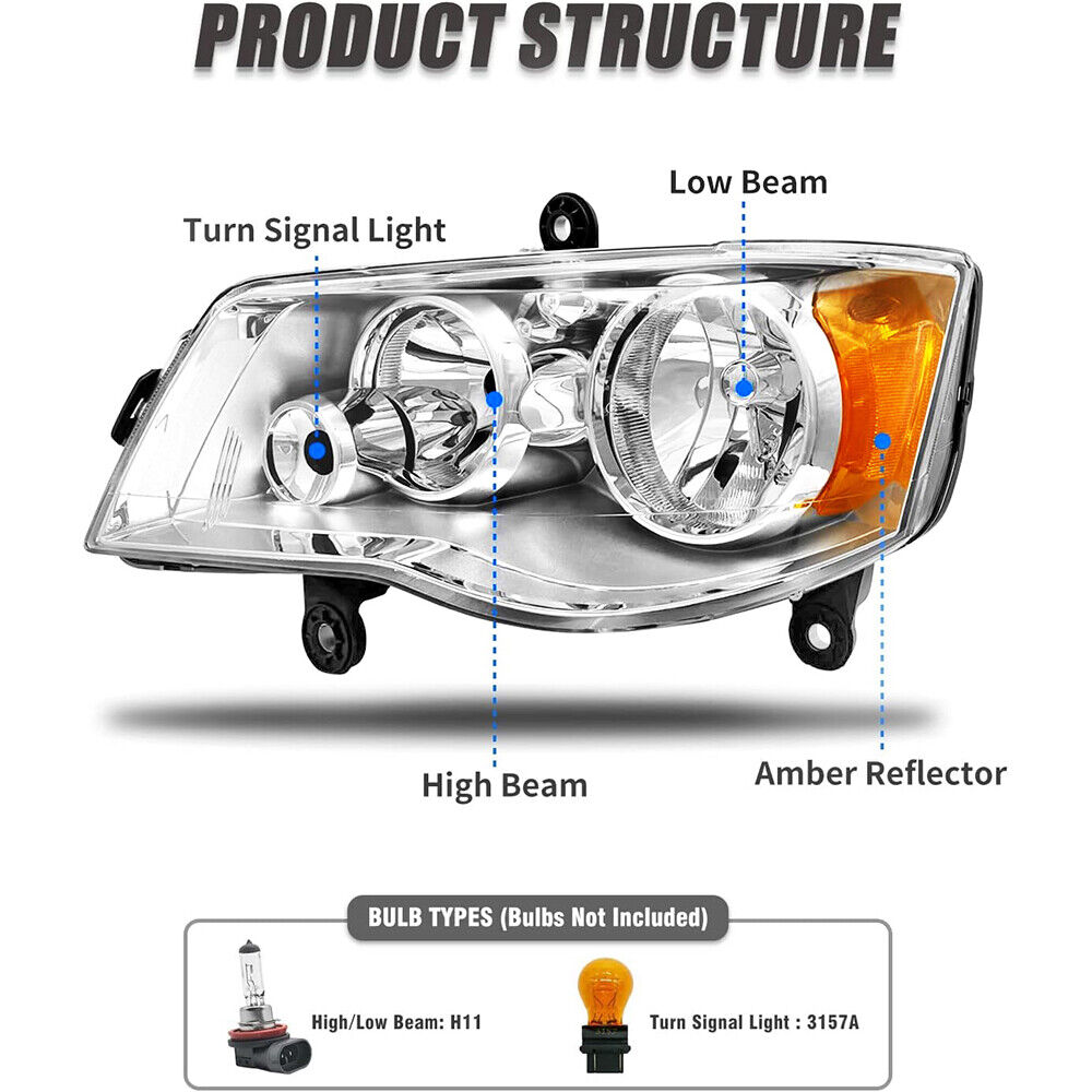 2Pcs Headlight For 2008-2016 Chrysler Town&Country 2011-2020 Dodge Grand Caravan