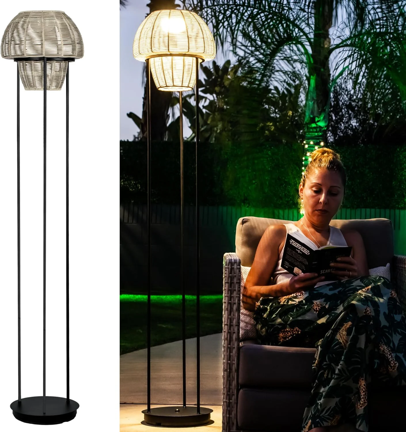 Solar Outdoor Floor Lamp - Cordless Outdoor Lamp - Solar Floor Lamp for Patio, Porch, Garden - Rattan Lights for Outside - Waterproof, Rechargeable, Weatherproof - Large-Sized Yard Lights