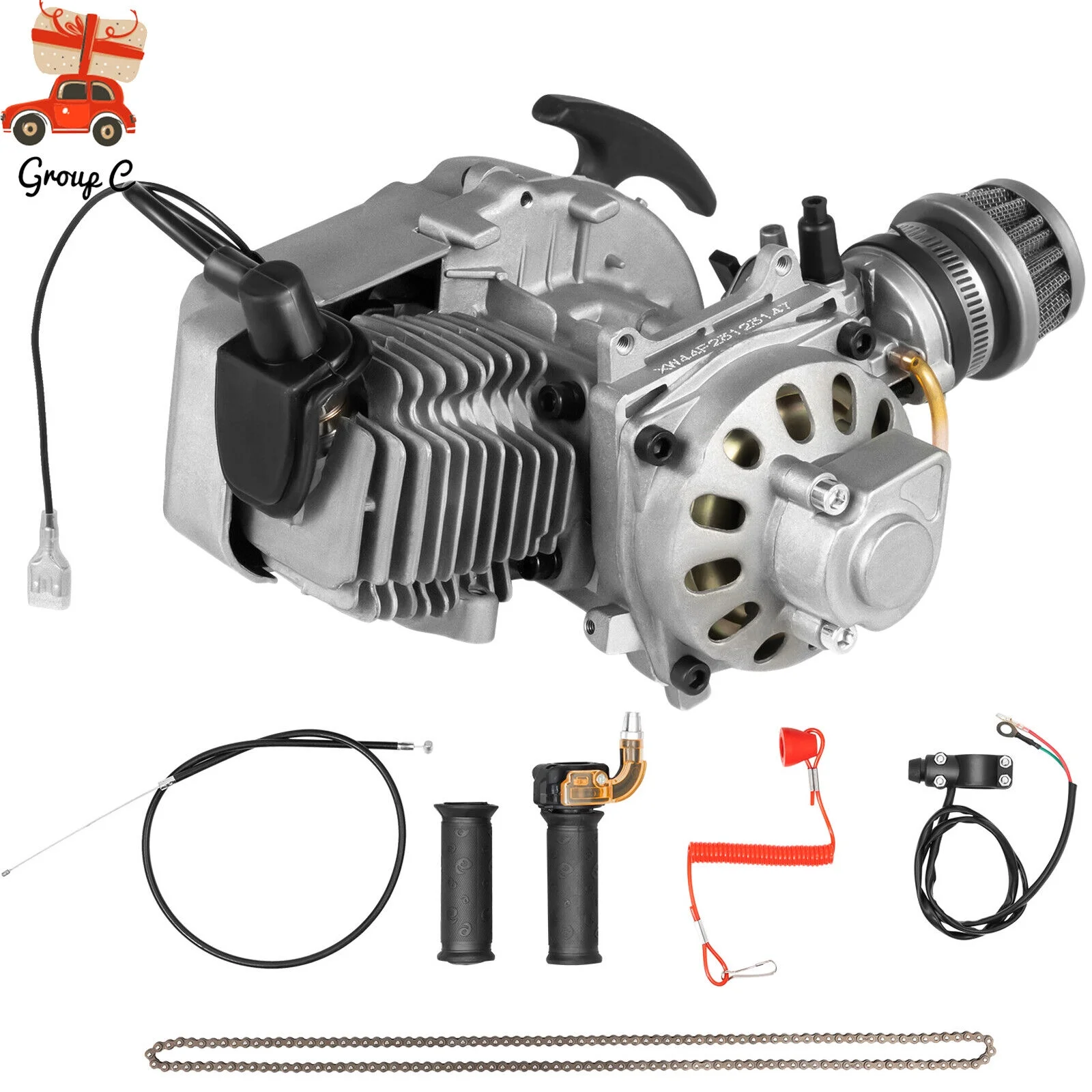 49CC 2 Stroke Mini Bike Engine Single Cylinder Pull Start Mini Engine Motor Kit Air Cooled Engine for Pocket Bike, Mini Dirt Bike, ATV, Scooter