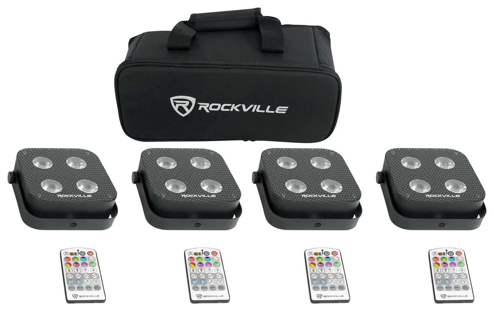 Rockville 4 PACK MINI RF4 Black DJ Par Lights+Bag+Remotes+Wireless DMX Control