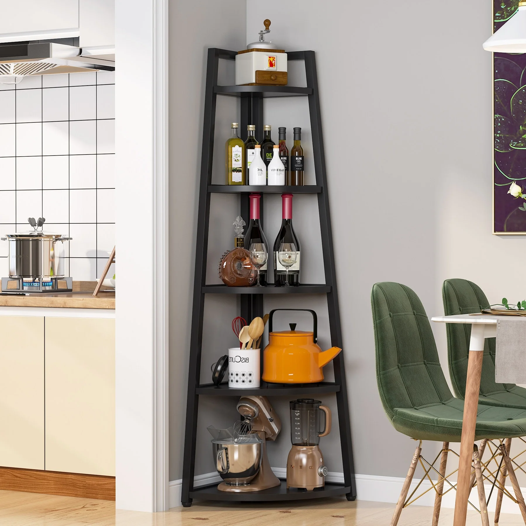 Brown/ Black Corner Ladder Shelf,5 Tier Corner Bookshelf Bookcase, White/ Gold 70 Inch Tall Display Rack for Small Space Black