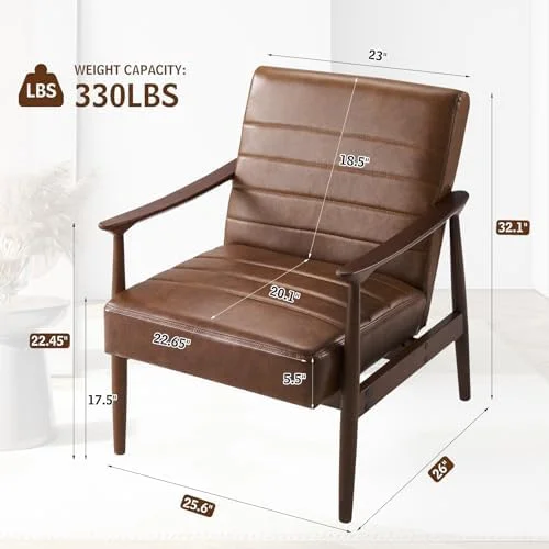WTYNKAE Mid-Century Modern Wood Frame Armchair PU Leather Accent Chair with Solid Wood Legs Upholstered Comfy Retro Leisure Chair Reading Chair for Living Room (Brown)