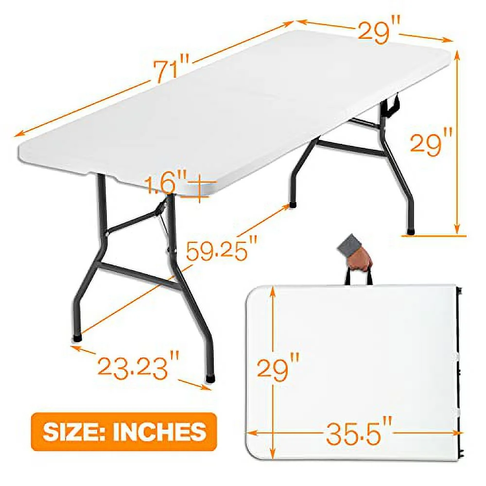 6 ft Indoor Outdoor Folding Portable Table Plastic Table Fold Up for Kitchen, Picnic, Party, Dining, Camping, Wedding Lightweight Table-White