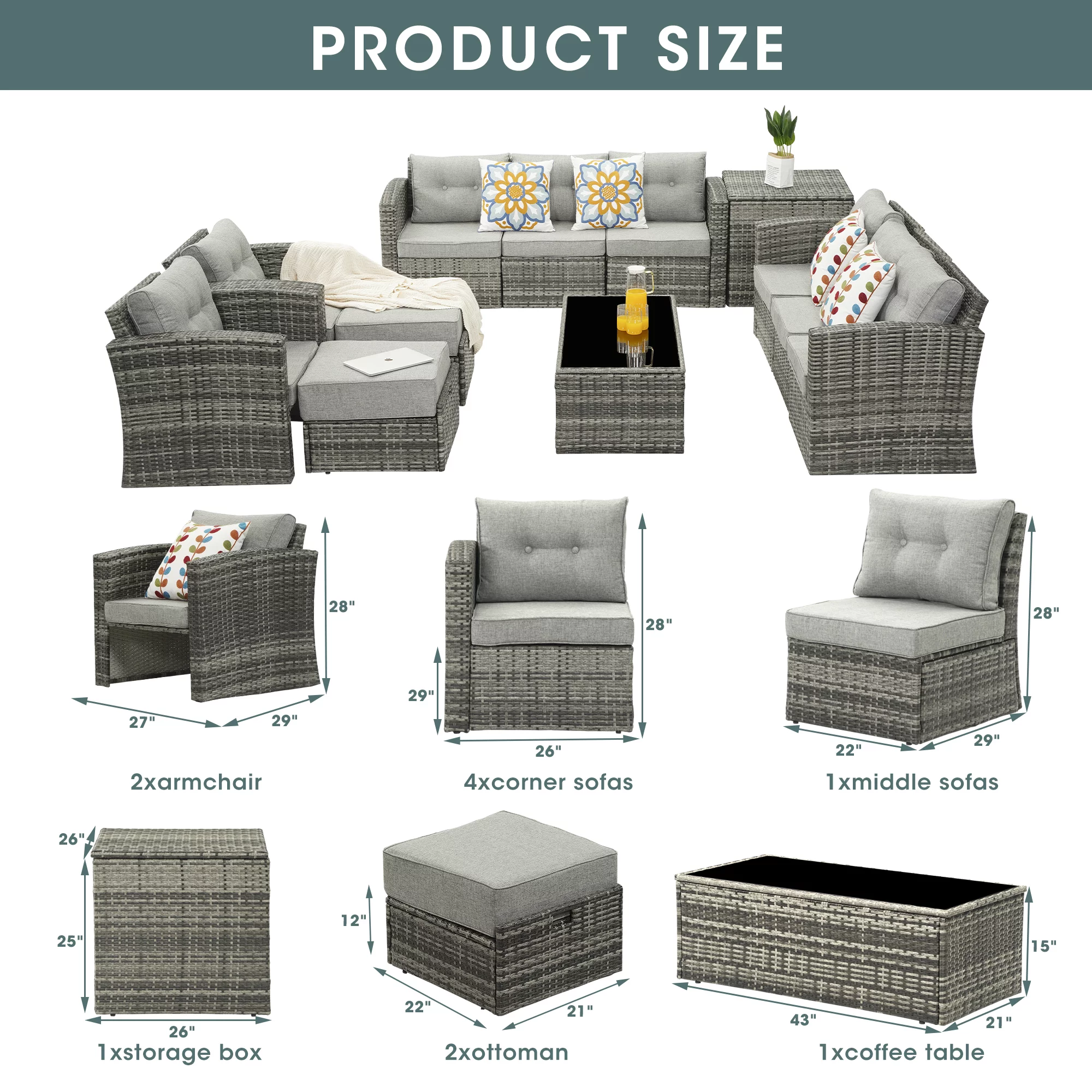 Outdoor Patio Furniture, 12 Pieces Wicker Conversation Set Outdoor Sectional Sofa, Aluminum Frame, Grey