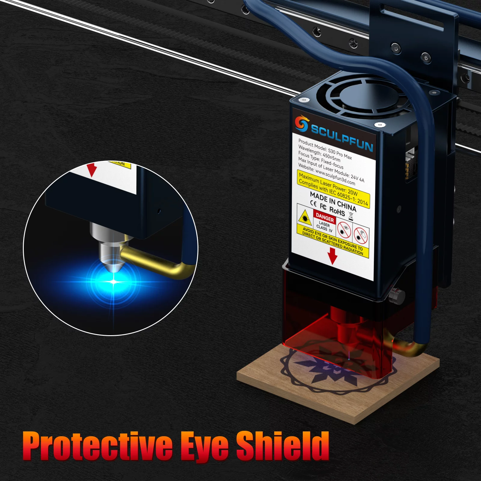 SCULPFUN S30 PRO MAX Engraver, 20W Engraving Machine with Automatic Air-assist System, Replaceable Lens Eye Protection Shield, 410x400mm Engraving Area