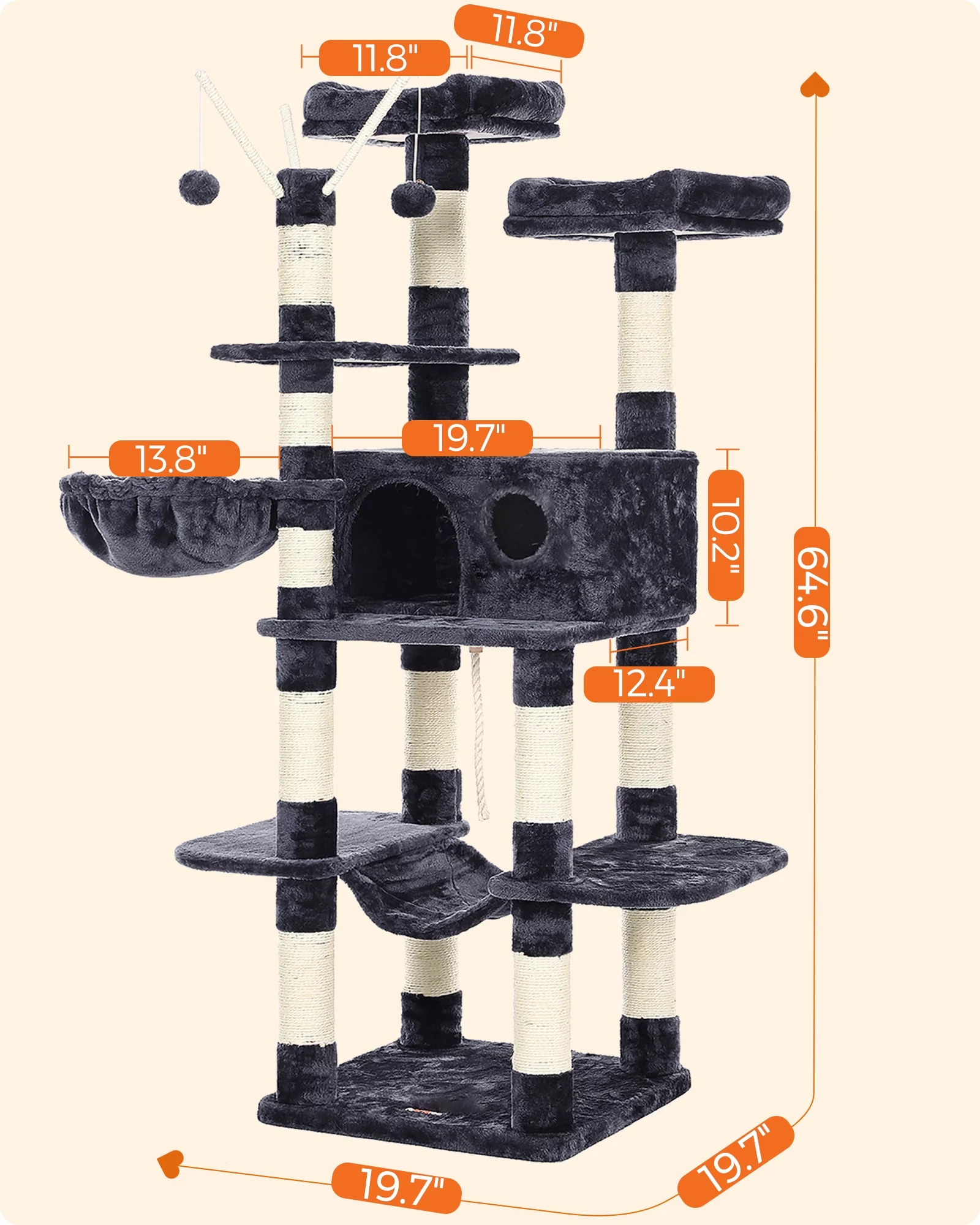 FEANDREA Cat Tree Large Cat Tower Condo Scratching Post Tower Play House Dark Gray
