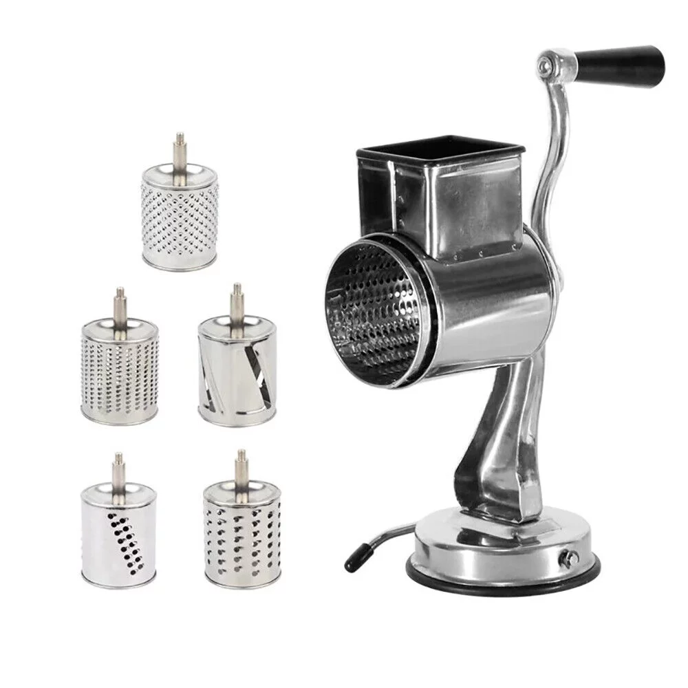 ZhdnBhnos Kitchen Food Rotary Grater Drum Slicer Grinding Tool Vegetable Shredder Grinder with 5 Blades Stainless Steel