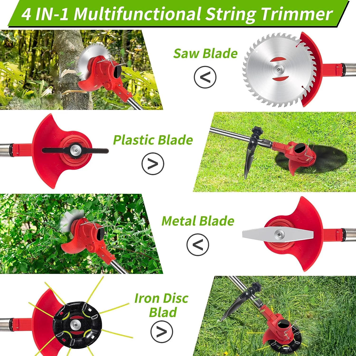 G·PEH String Trimmer Cordless Weed Wacker, 21V Power Grass Trimmer with 4 Types Blades, Adjustable Height Electric Mower Weed Eater Brush Cutter for Yard and Garden