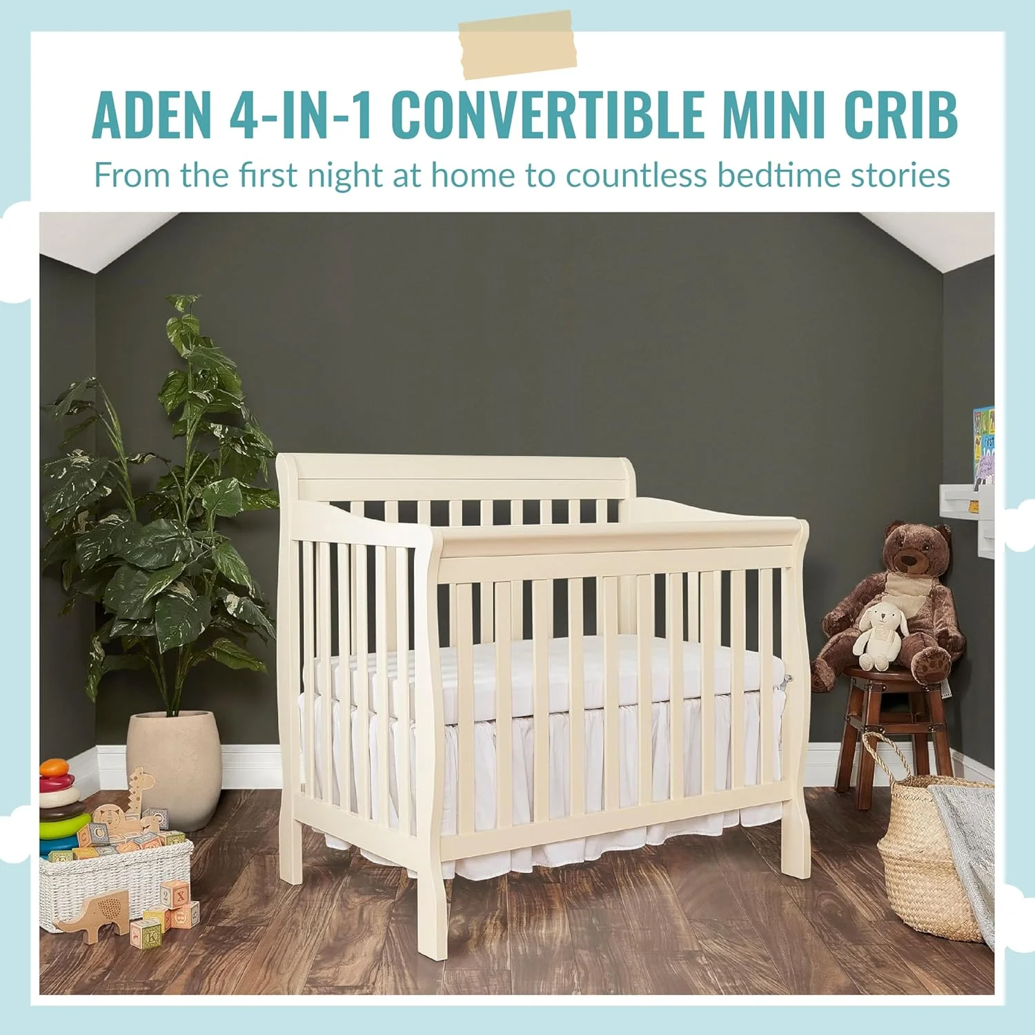 Aden 4-in-1 Convertible Mini Crib In French White, Greenguard Gold Certified, Non-Toxic Finish, New Zealand Pinewood, With 3 Mattress Height Settings