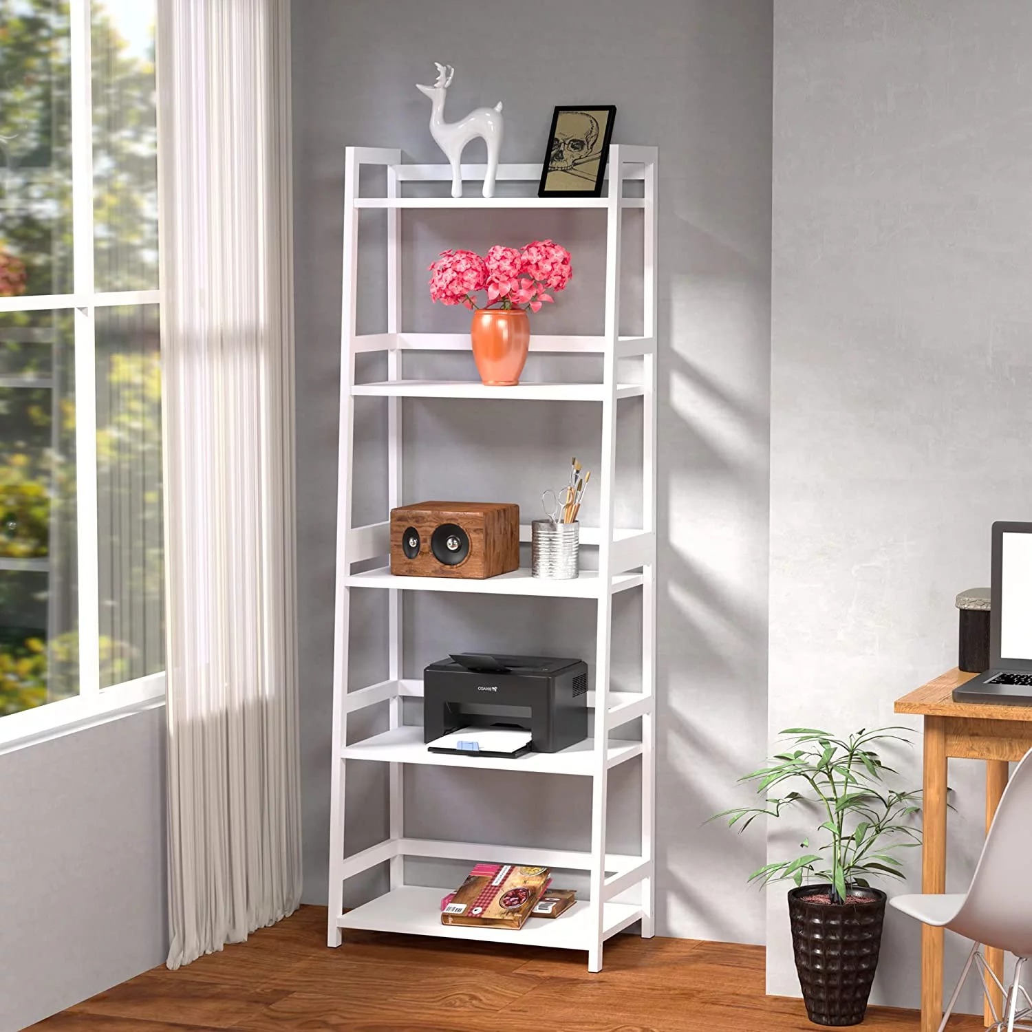 5-Tier Bookshelf,Bookcase,5 Shelf Ladder Shelf Book Storage Shelf Organizer for Living Room,Home Office,White