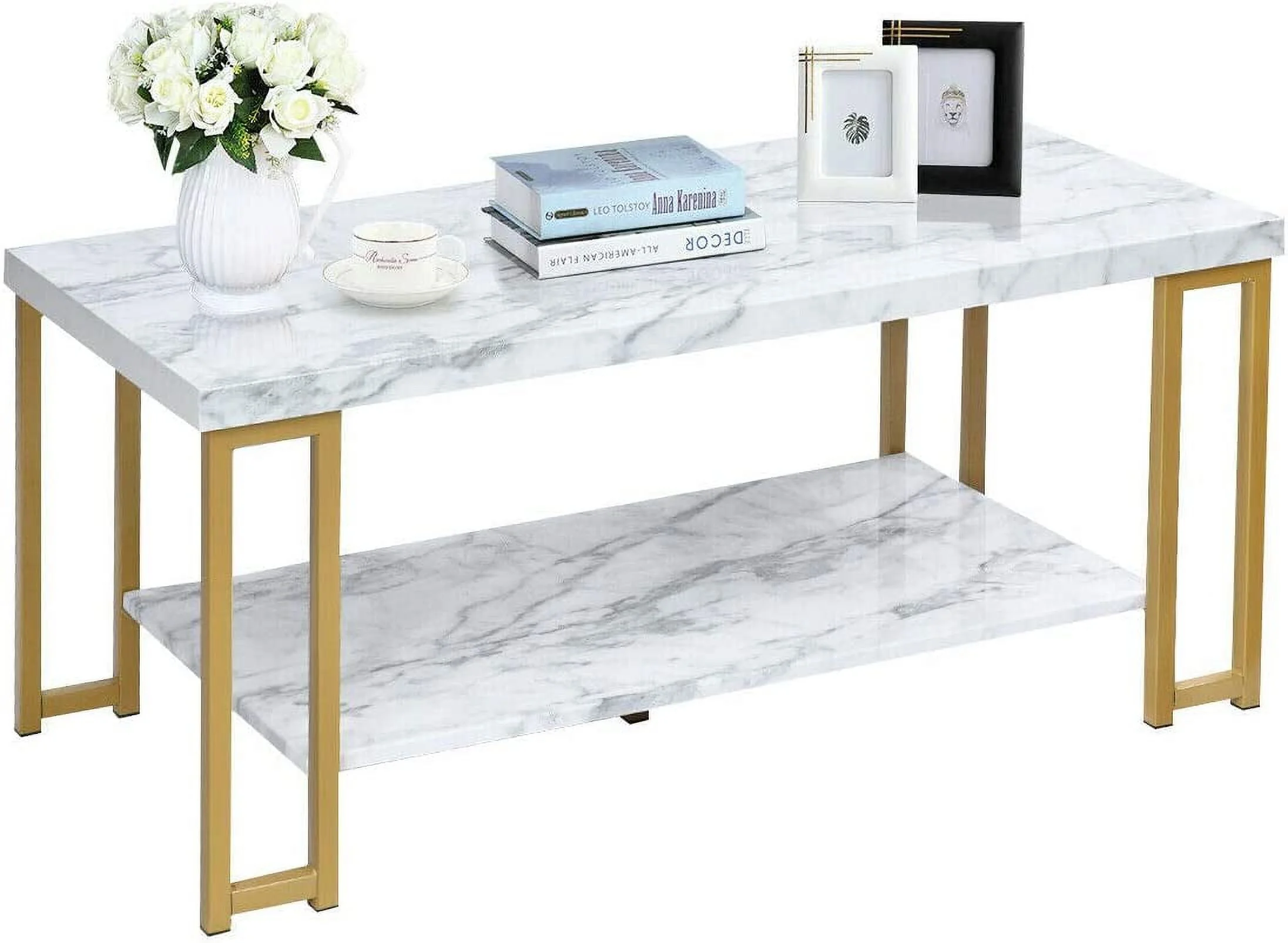 Modern Coffee Table, Faux Marble Top Accent Cocktail Table w/Gold 2-Tier Side Table with Open Storage Shelf, Home Furniture Decor End Table for Living Room, Office Reception