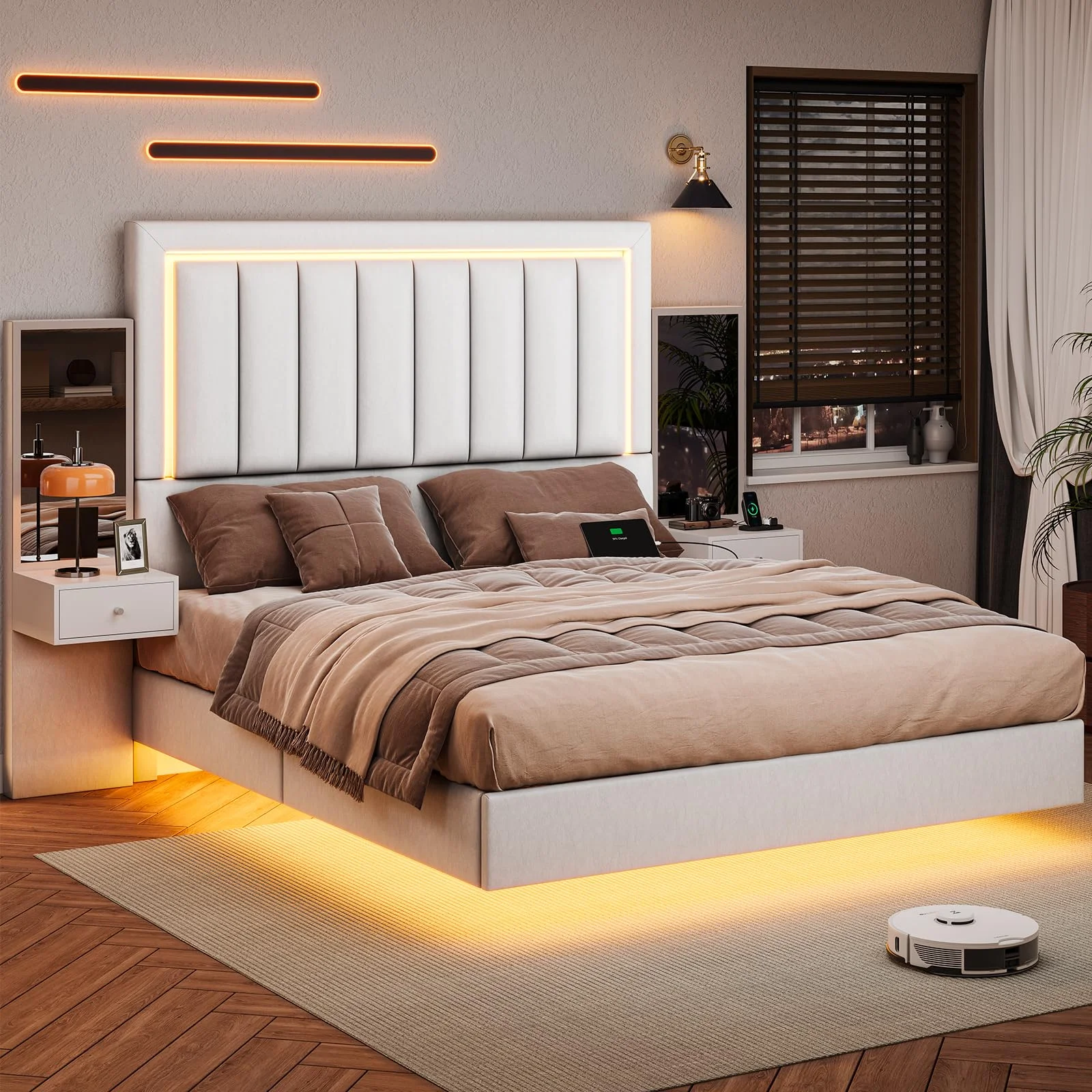 Full Size Floating Bed Frame with USB Port Charging Station and Led Ligt,53.3