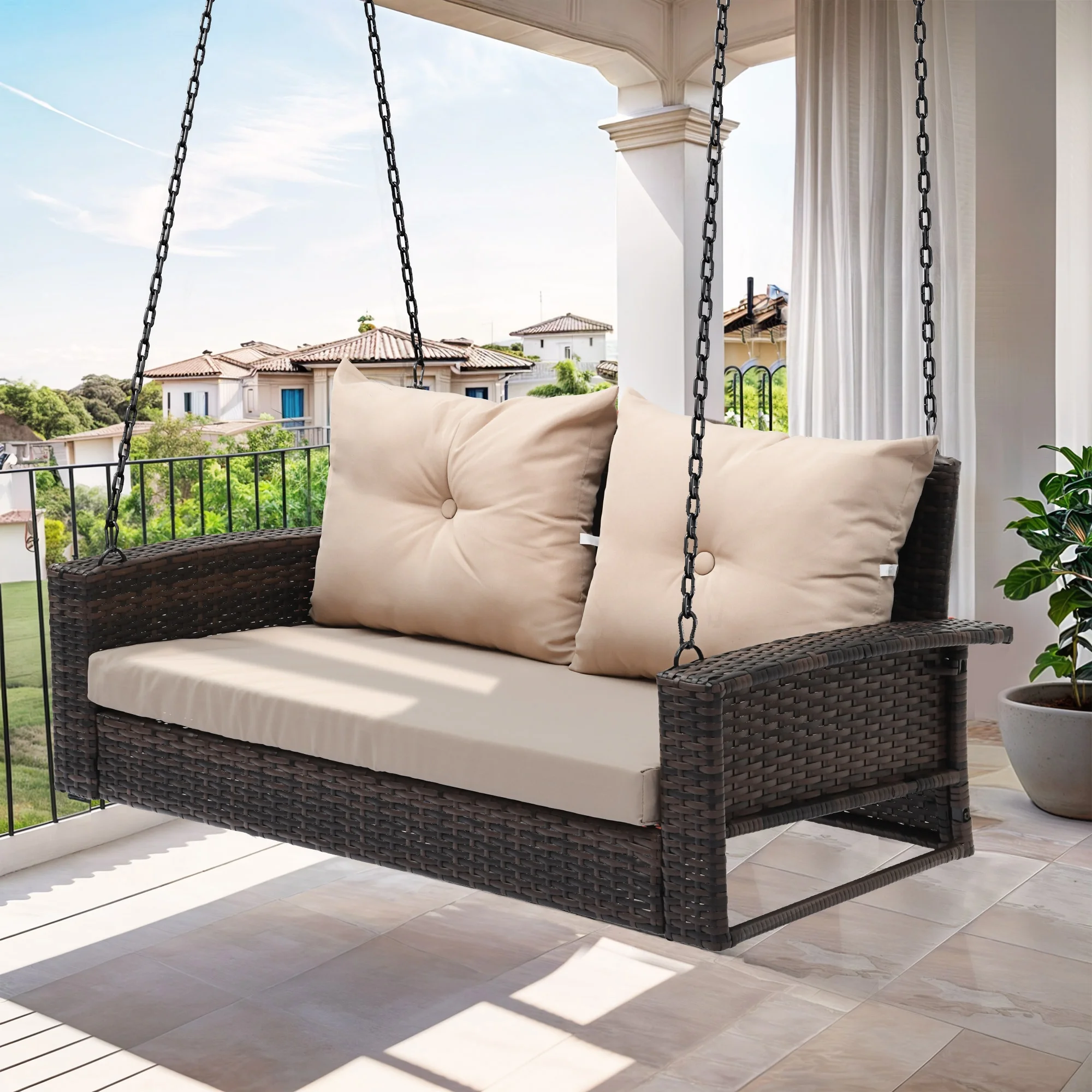 ModFusion Wicker Hanging Porch Swing Outdoor Patio with 2 Back Cushions Supports up to 540lbs for Garden and Balcony, Brown Rattan Light Brown Cushion