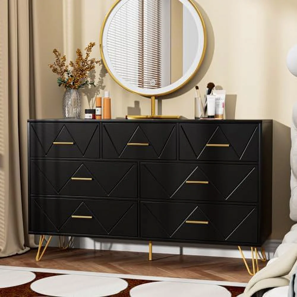 HBBOOMLIFE Dresser for Bedroom  7 Drawer Dresser  Black Dresser with Gold Handles  Modern Dressers & Chests of Drawers   Dresser for Bedroom  Hallway  Entryway