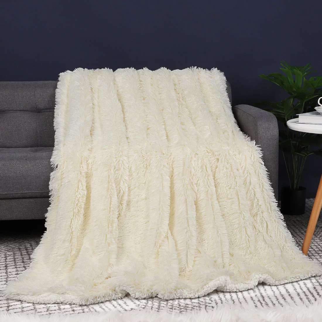 PiccoCasa Luxury Faux Fur Blanket Soft Plush Fluffy Shaggy Sherpa Blanket, Cream Color Queen (90