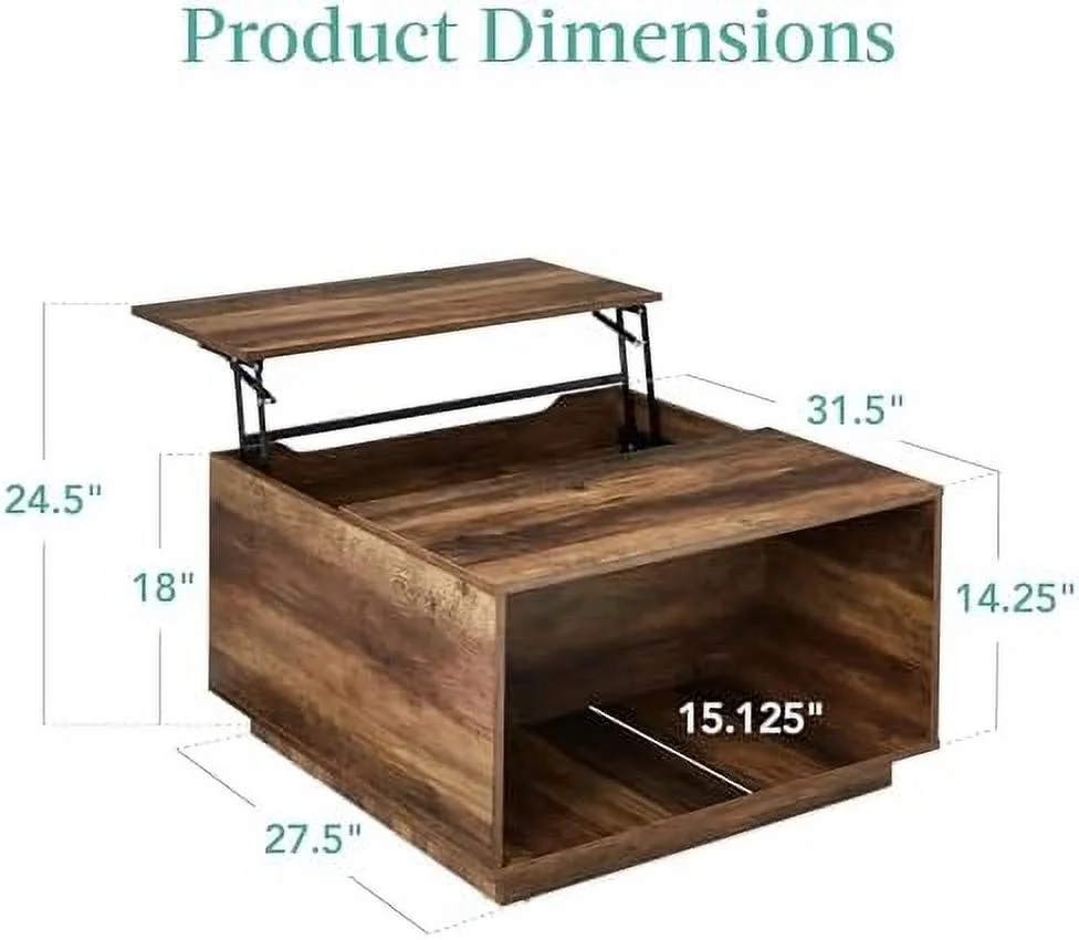 YPDCHB Square Lift Top Coffee Table  Wooden Rustic Modern Multifunctional Accent Table for Living Room w/Hidden   Cubby  Non-Scratch Pads - Gray