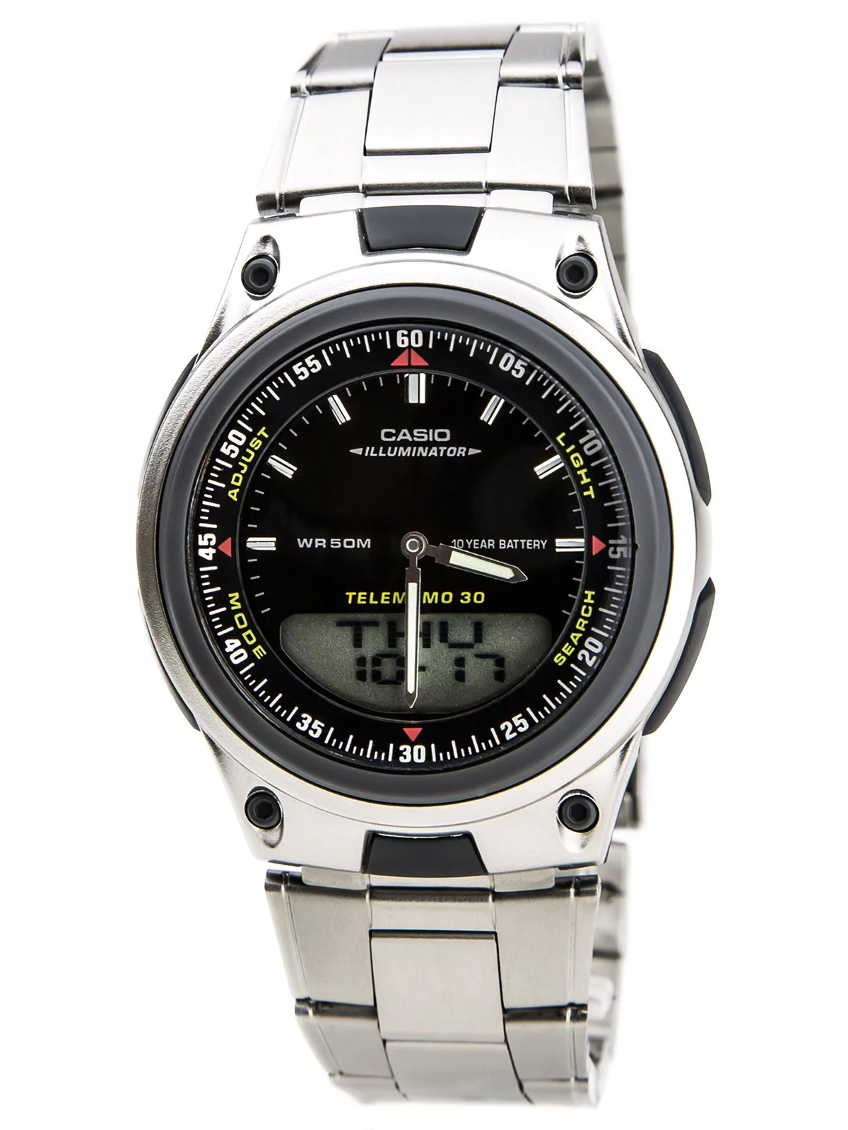 AW80D-1A Men's Sports Ana-Digi Black Dial Illuminator Databank Stainless Steel Bracelet Watch