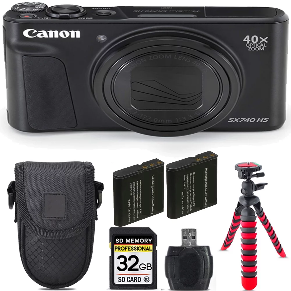 Canon PowerShot SX740 HS Digital Camera (Black) + Extra Battery +Tripod + Case -32GB Kit