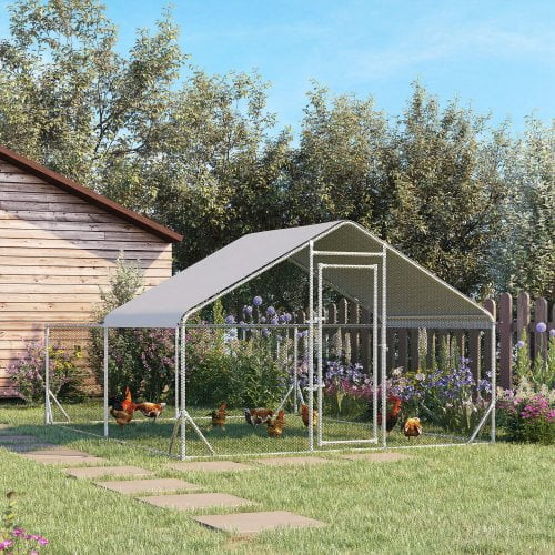 PawHut Large Chicken Coop Metal Chicken Run for Chickens with Waterproof and Anti-UV Cover, Spire Shaped Walk in Fence Cage Hen House for Outdoor and Yard Farm Use, 1