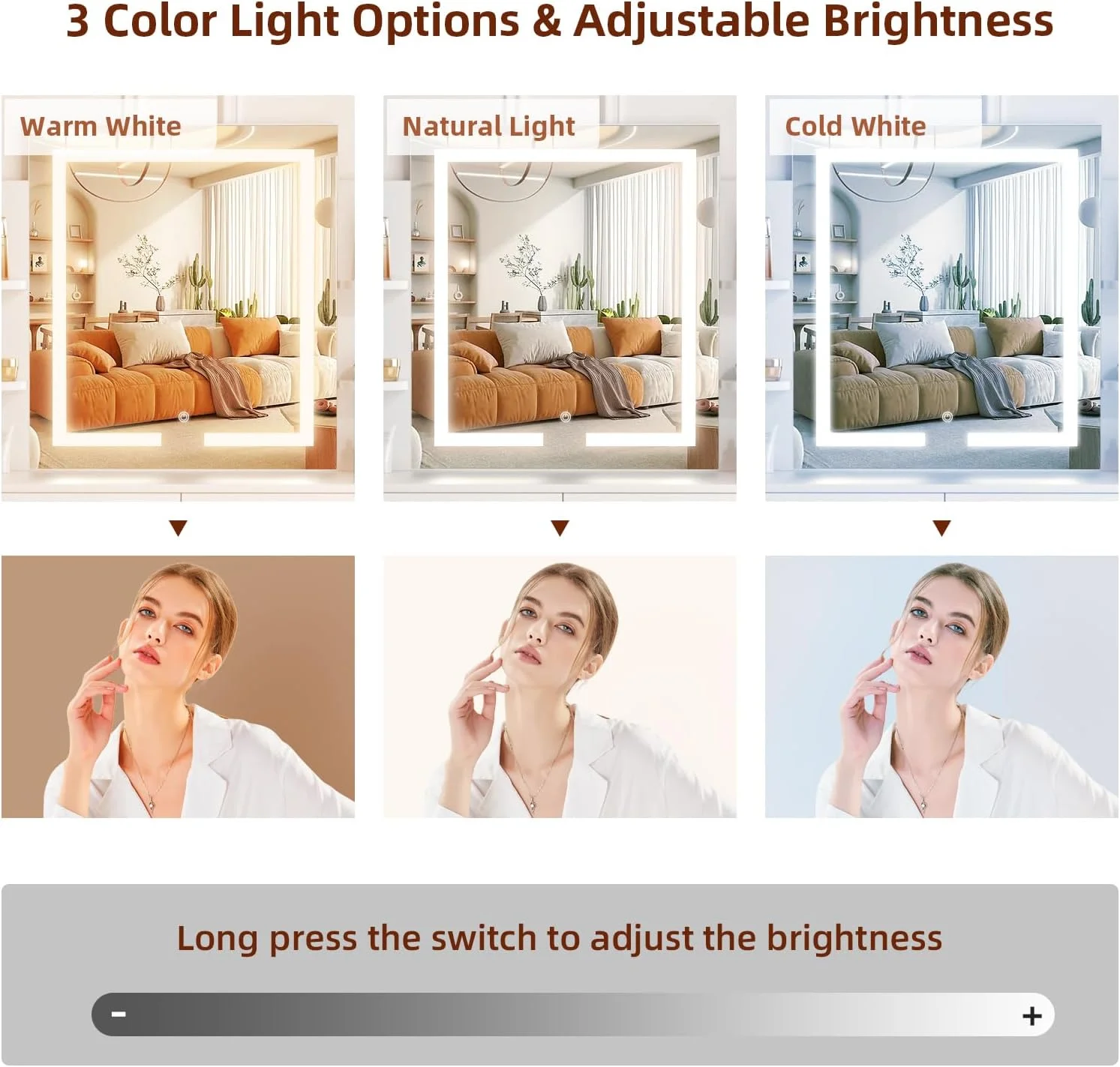 Vanity Desk with Lighted Mirror - Makeup Vanity Table with 3 Color Light Options Adjustable Brightness,with 6 Storage Shelves, 2 Large Drawers, Vanity Set for Girls Women, White 43'' L