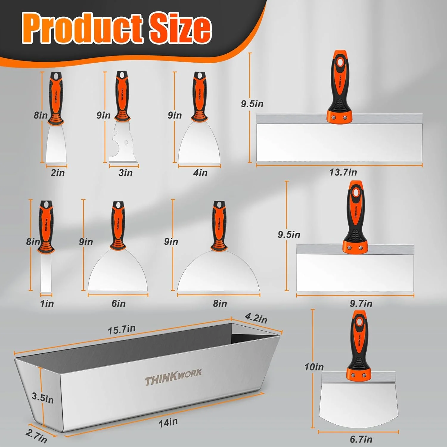 Drywall Knife Set, 10 Pieces Stainless Steel Drywall Hand Tool Kit Includes Putty Knife, Taping Knife, Painter Scraper, Mud Scoop and 14