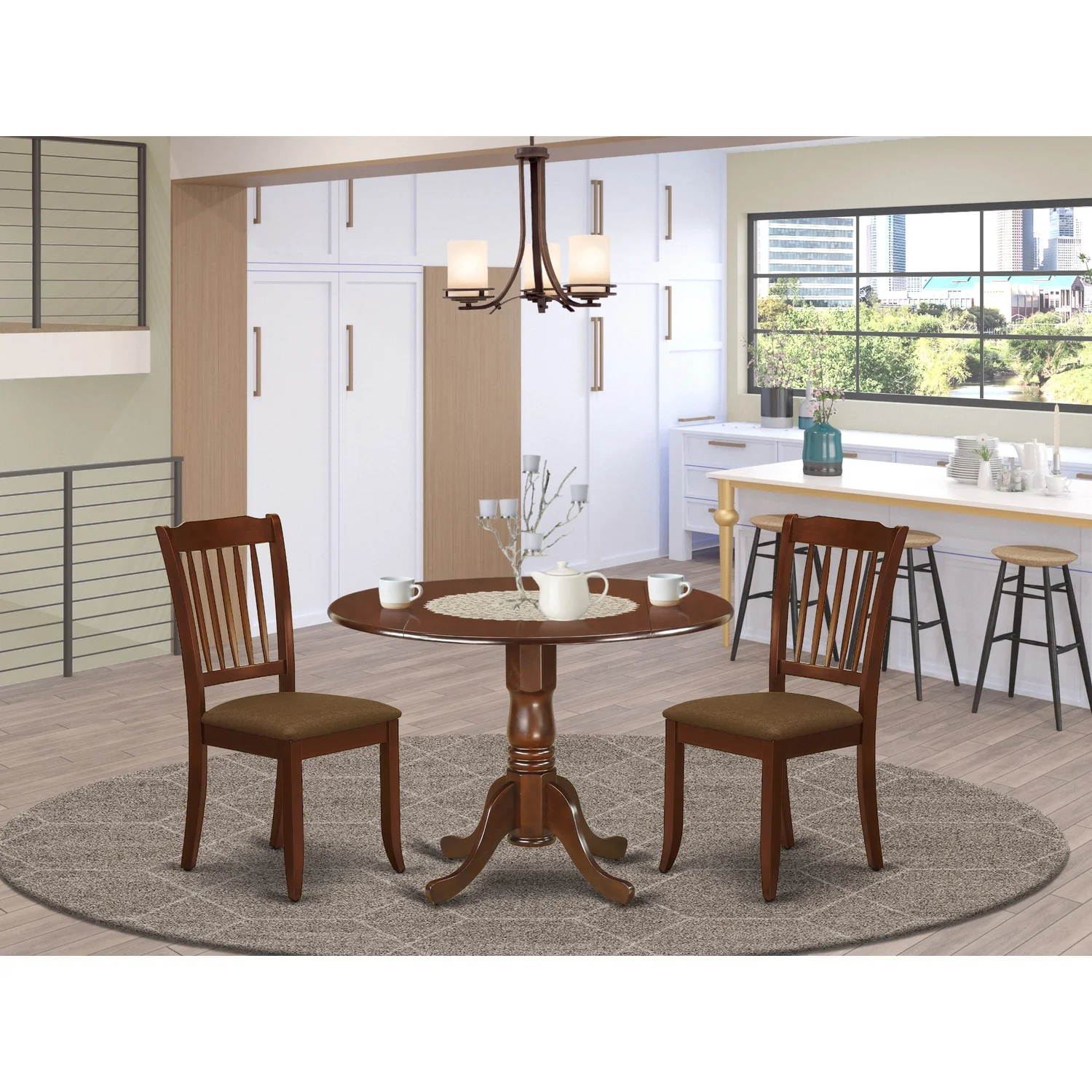 East West Furniture Dublin Wood Dining Set with Linen Seat in Mahogany
