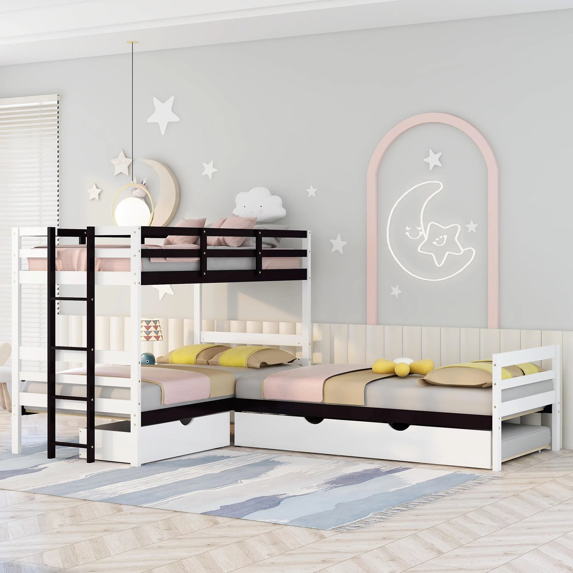 L-Shaped Twin Bunk Bed and Platform Bed with Trundle and Drawer, White