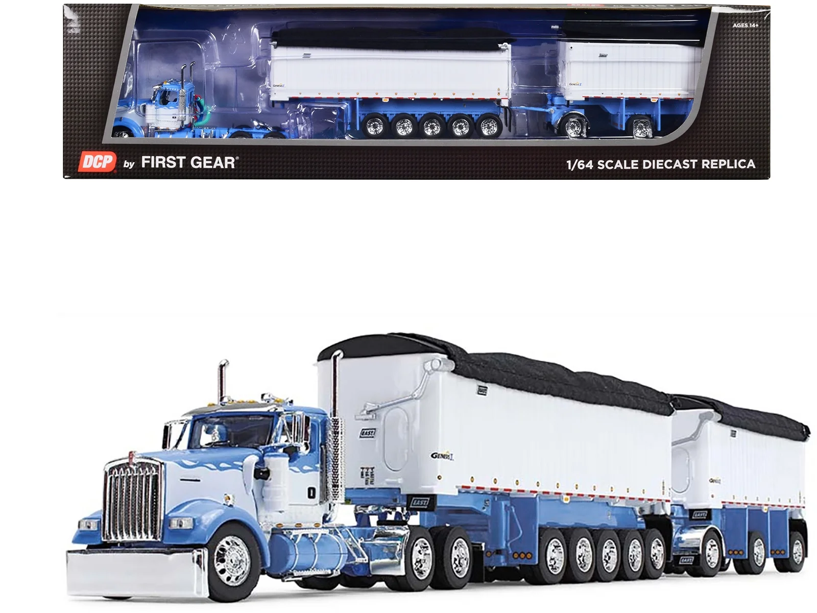 Kenworth W900L Day Cab & East Michigan Series 31' & 20' End Trailers Wisteria Blue & White 1/64 Diecast Model by DCP/First Gear