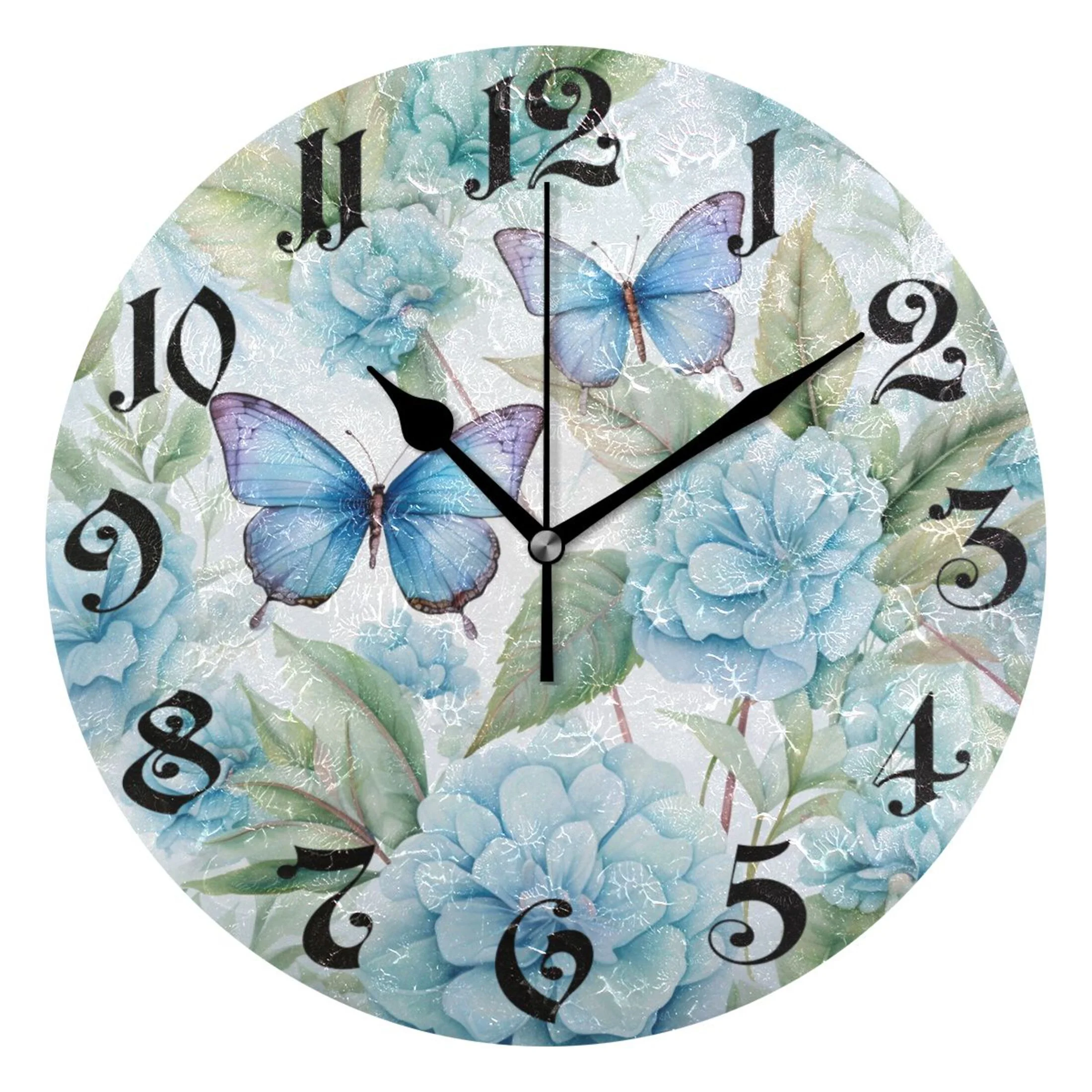 Wall Clock 10 Inch Silent Non-Ticking Butterfly on Flowers Blue Battery Operated Rustic Retro for Living Room Home Kitchen Bathroom
