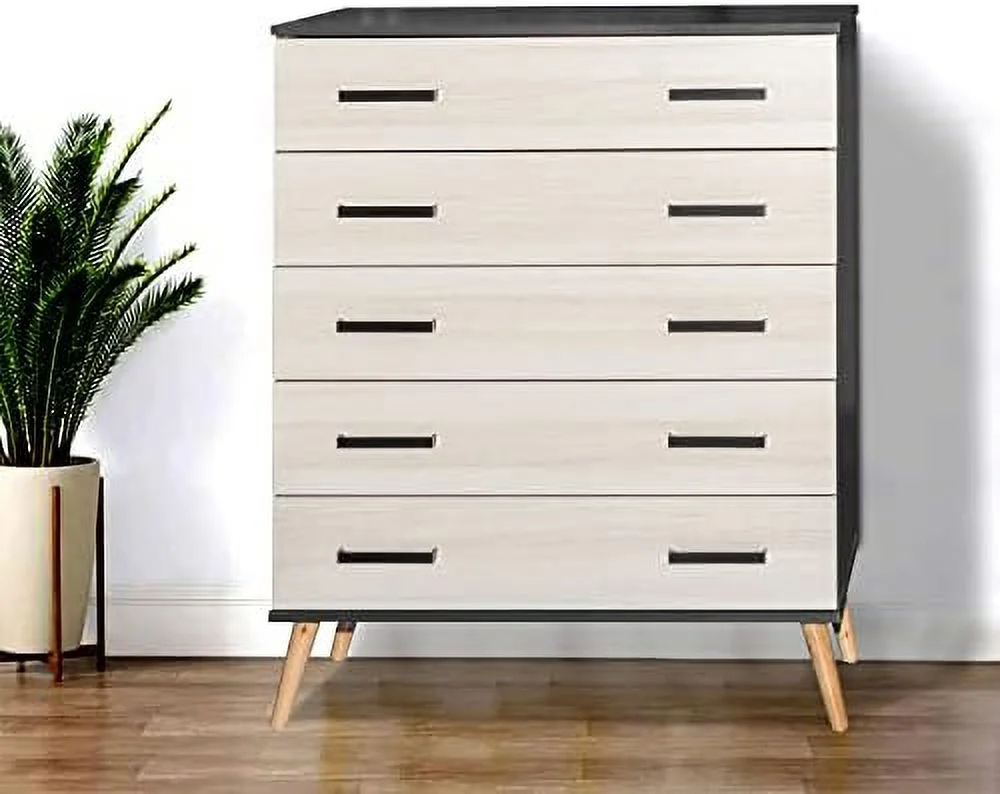 YFbiubiulife Eli Mid-Century Modern 5 Drawer Chest in White & Natural Oak