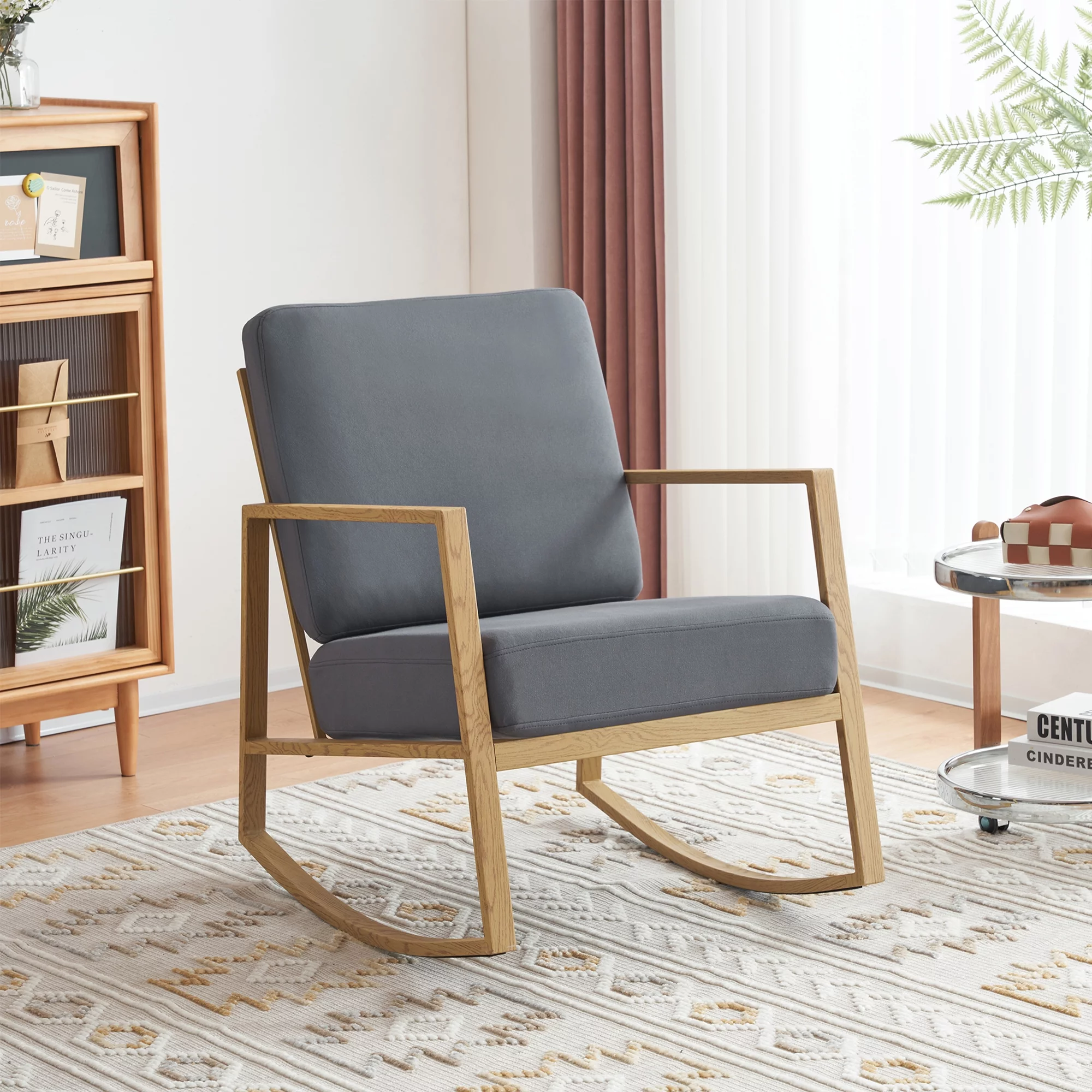 Livingroom Rocking Chair Glider Rocker for Nursery Upholstered Accent Chair Modern Armchair Cozy for Living Room Bedroom Offices Comfortable Chair Transfer Printed Wood Chair Gray