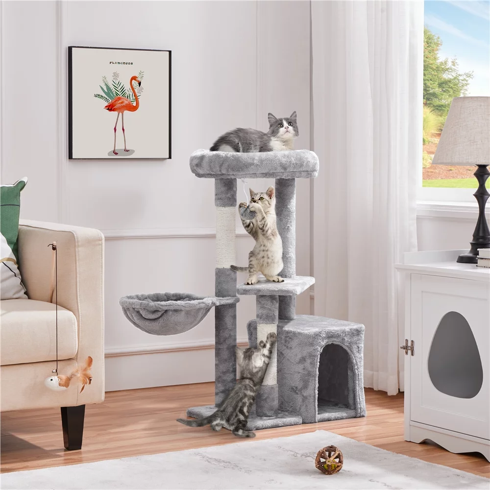 Topeakmart 34.5 in Cat Tree Condo Scratching Post Tower with Basket, Light Gray