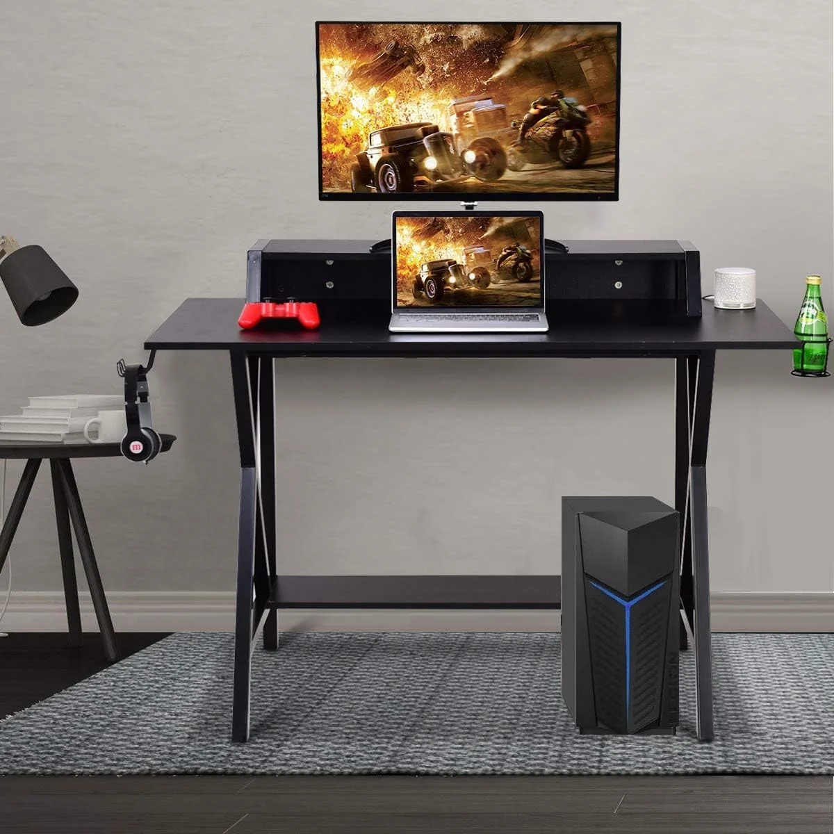 JDZHAPPYLIFE 48-inch Game Desk  E-Sport Gaming Workstation Table with Headset Hook  Cup Holder  Built-in Power Strip Black