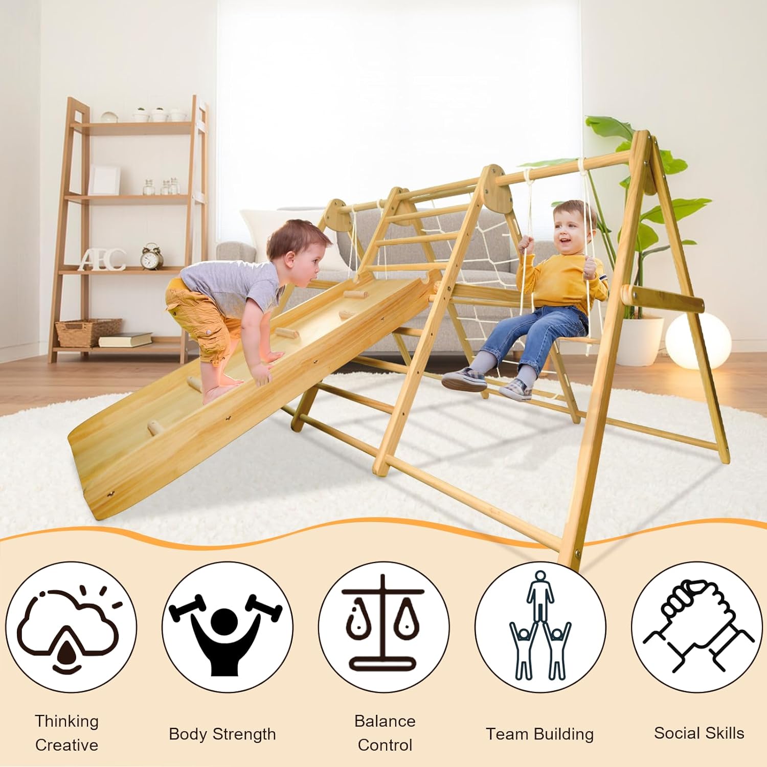 5 in 1 Indoor Playground for Toddlers 1-3 Wooden Montessori Indoor Jungle Gym Easy Setup Climbing Toys with Slide, Climbing Ladder/Net Ladder, Swing Sets for Backyard