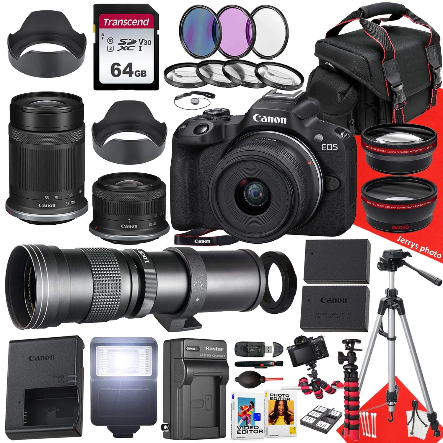 Canon EOS R50 Mirrorless Camera With RF-S 18-45mm f/4.5-6.3 IS STM, RF-S 55-210mm f/5-7.1 IS STM And 420-800mm Lens + 64 GB Memory + Filters + More (36pc Bundle)