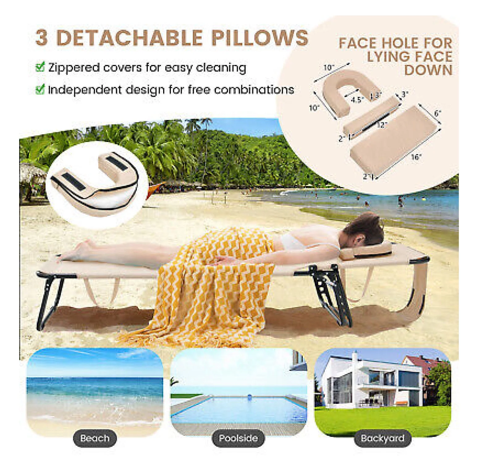 Folding Face Down Tanning Chair, Beach Lounge Chair with Face Hole