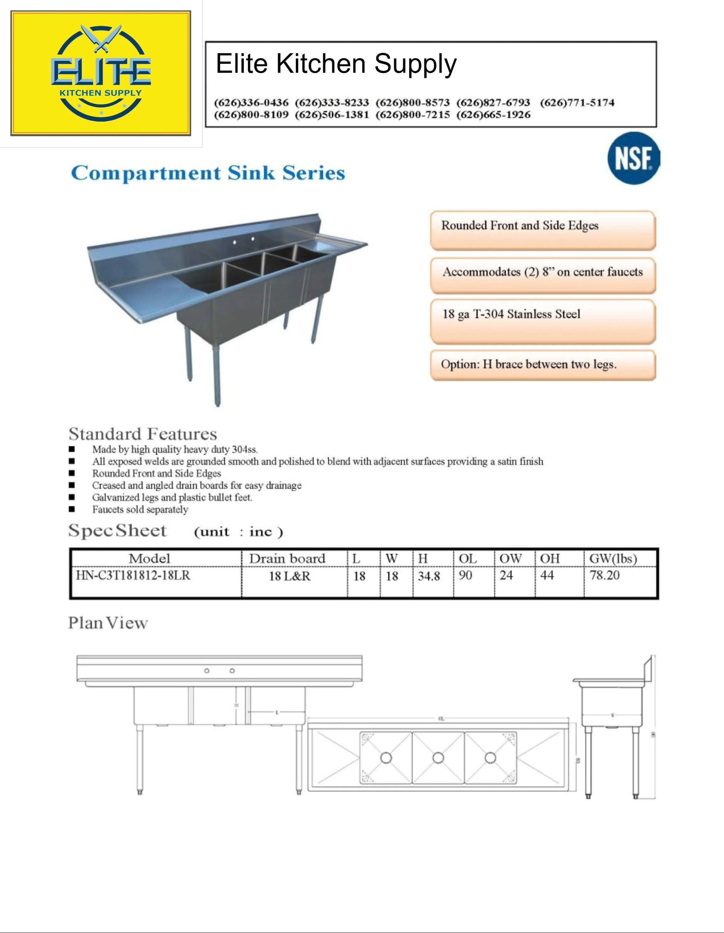 90 in. Commercial Restaurant Kitchen 3 Compartment Stainless Steel Sink with Two Drain Board
