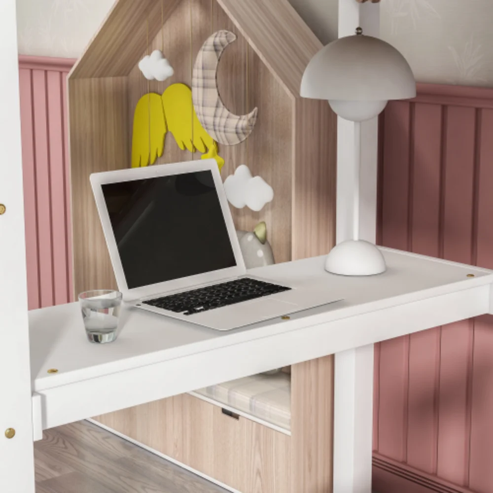 Twin Loft Bed with built-in desk,White