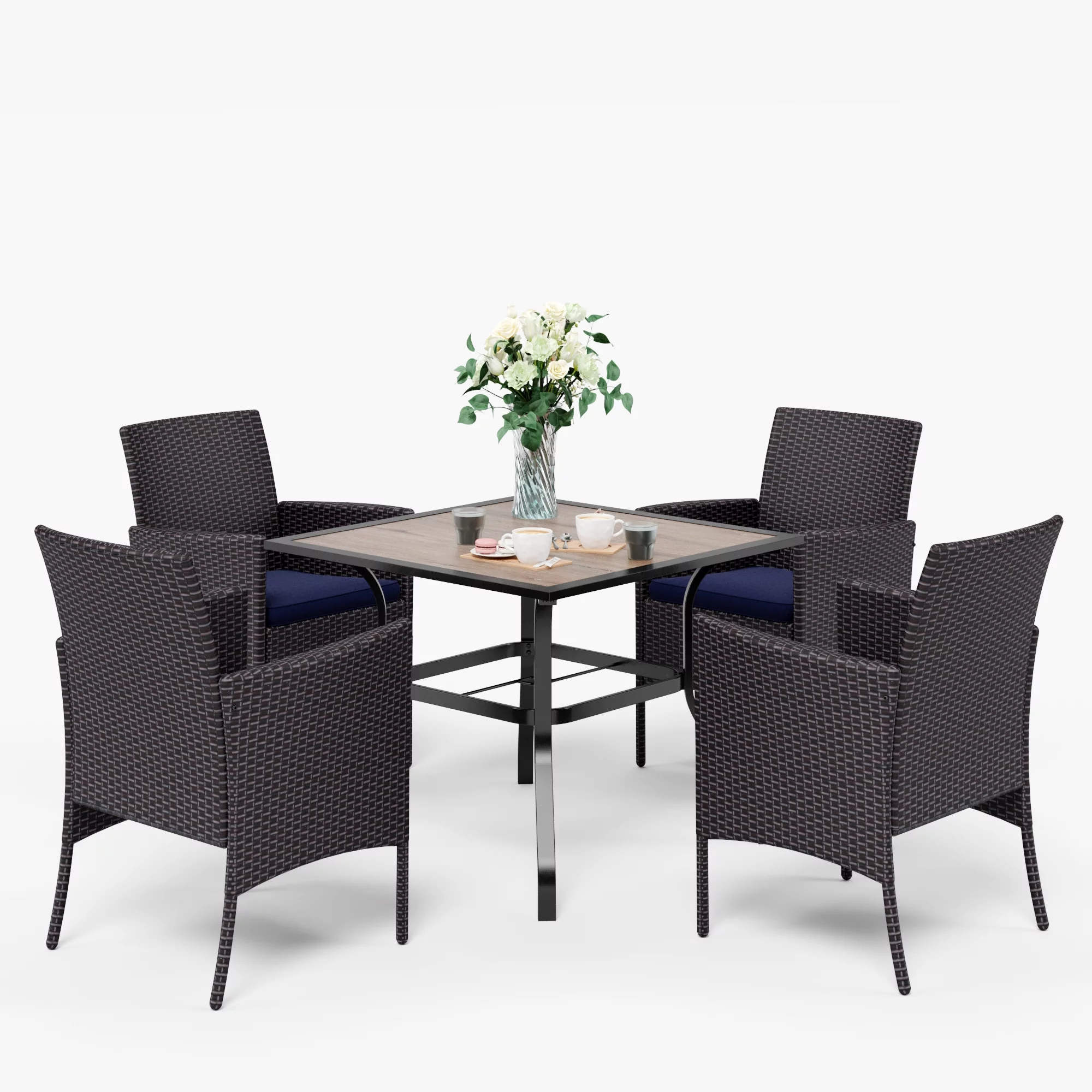 MF Studio 5 Piece Outdoor Patio Dining Set with 4 Rattan Dining Chairs and 1PC Outdoor Dining Table, Wooden Like Table top