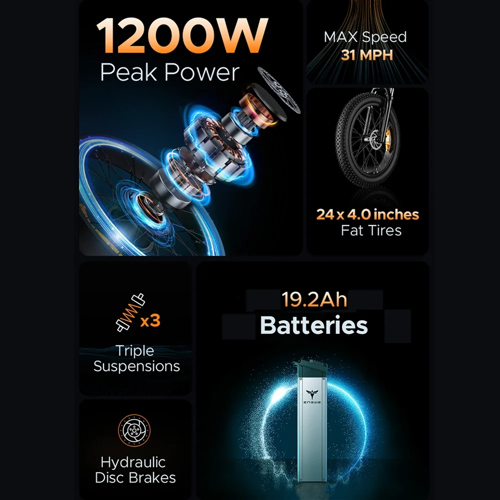 ENGWE Electric Bike,All-terrain Bike 24in 1000w 8 Speed 31mph 24x4.0 Snow Speed E-bike Maximum 24x4.0 Snow Fat 19.2ah 1000w 8 Maximum Speed 31mph Speed 31mph 24x4.0 8 Speed E-bike 48v 19.2ah 1000w