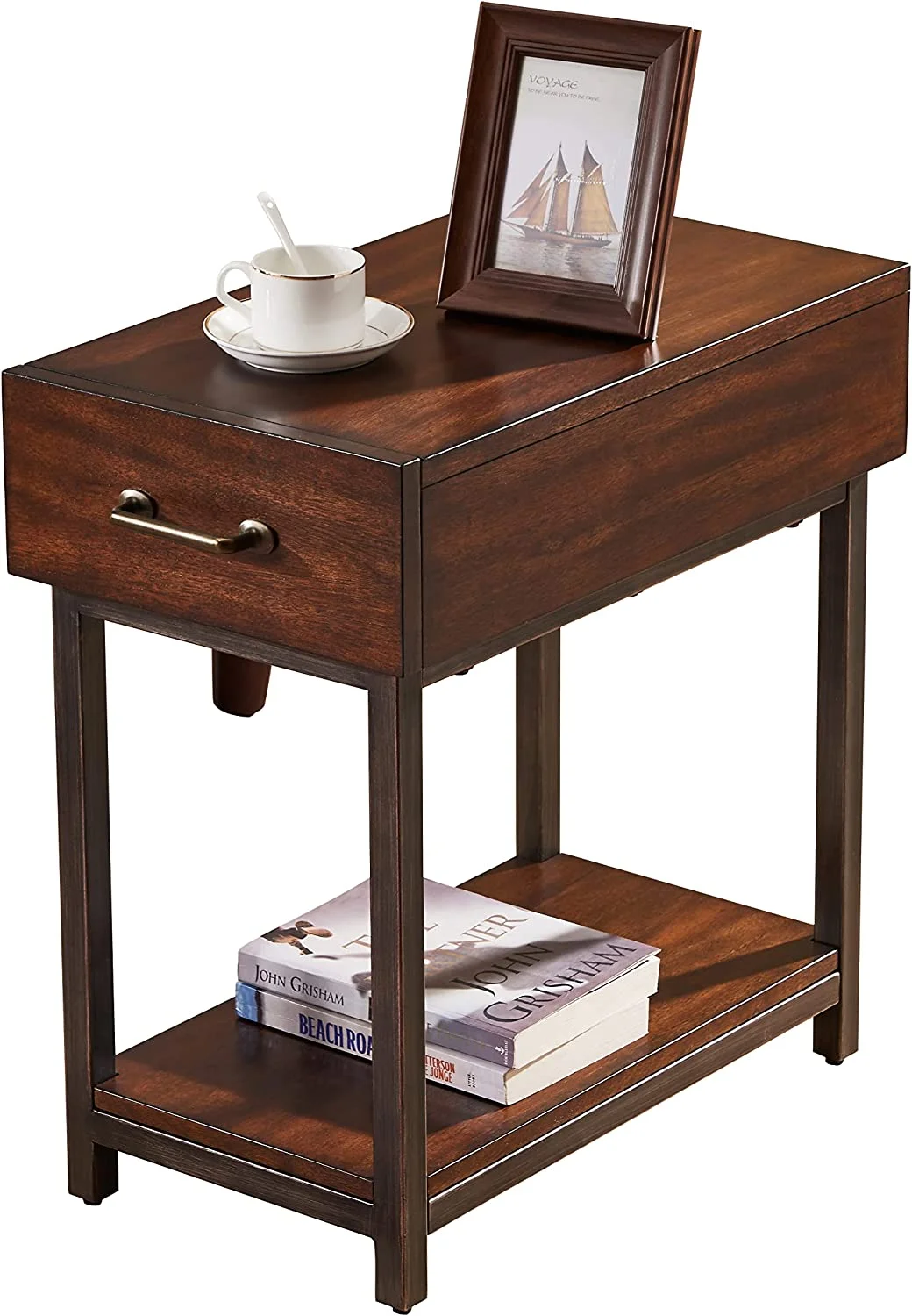 Narrow End Table with Drawer   Vintage Chair Couch  Living Room Solid Wood  Cherry Brown Finish