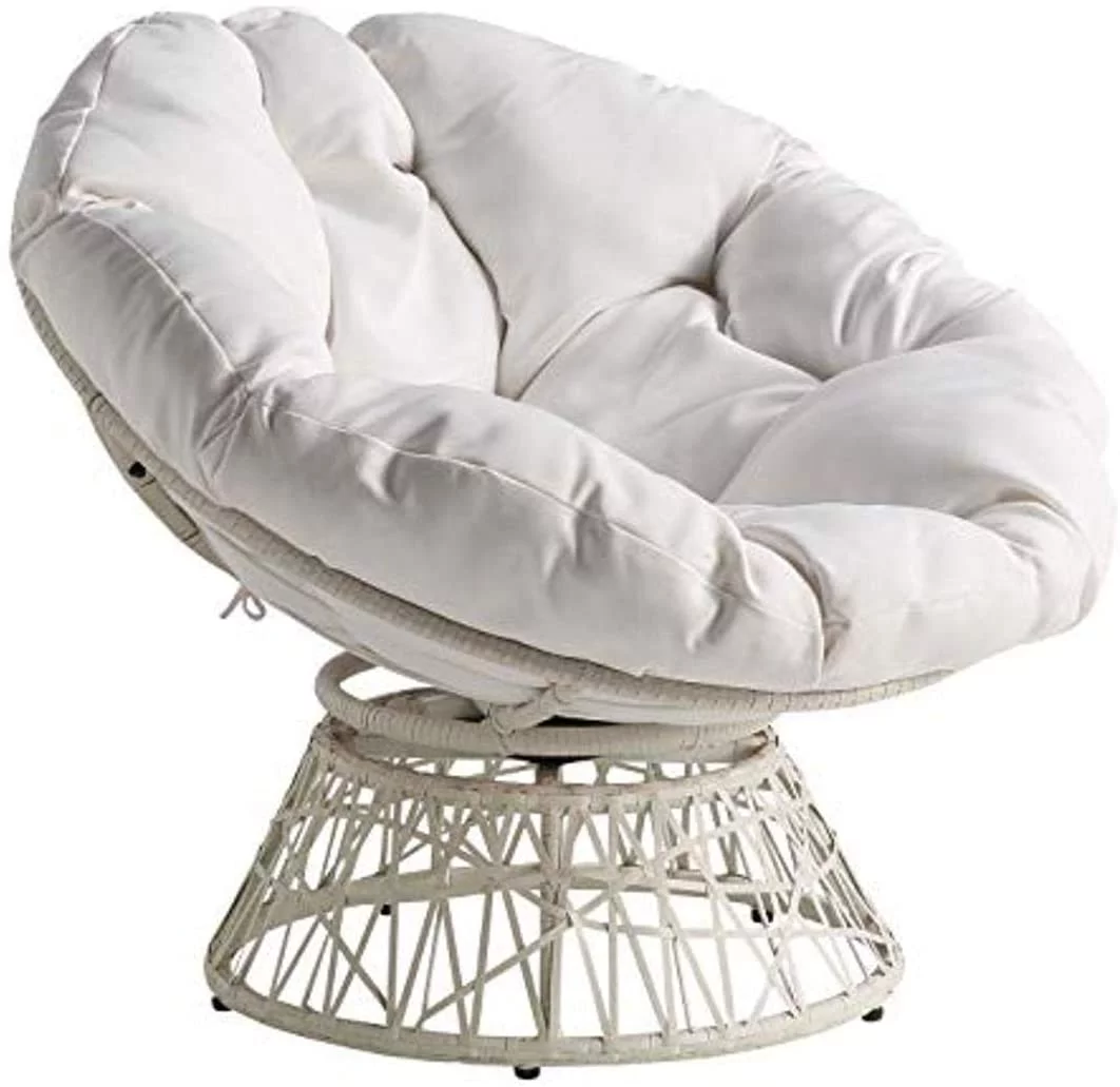 HYUN Wicker Papasan Chair with 360-Degree Swivel, White Frame with White Cushion