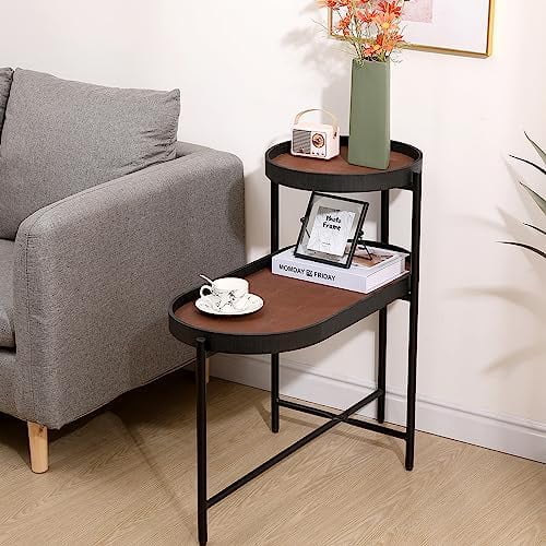 CHNMKI Round  2 Tier Irregular Coffee Table End Table Accent Sofa Table Small Table with Metal Frame for Living Room Bedroom (Black)