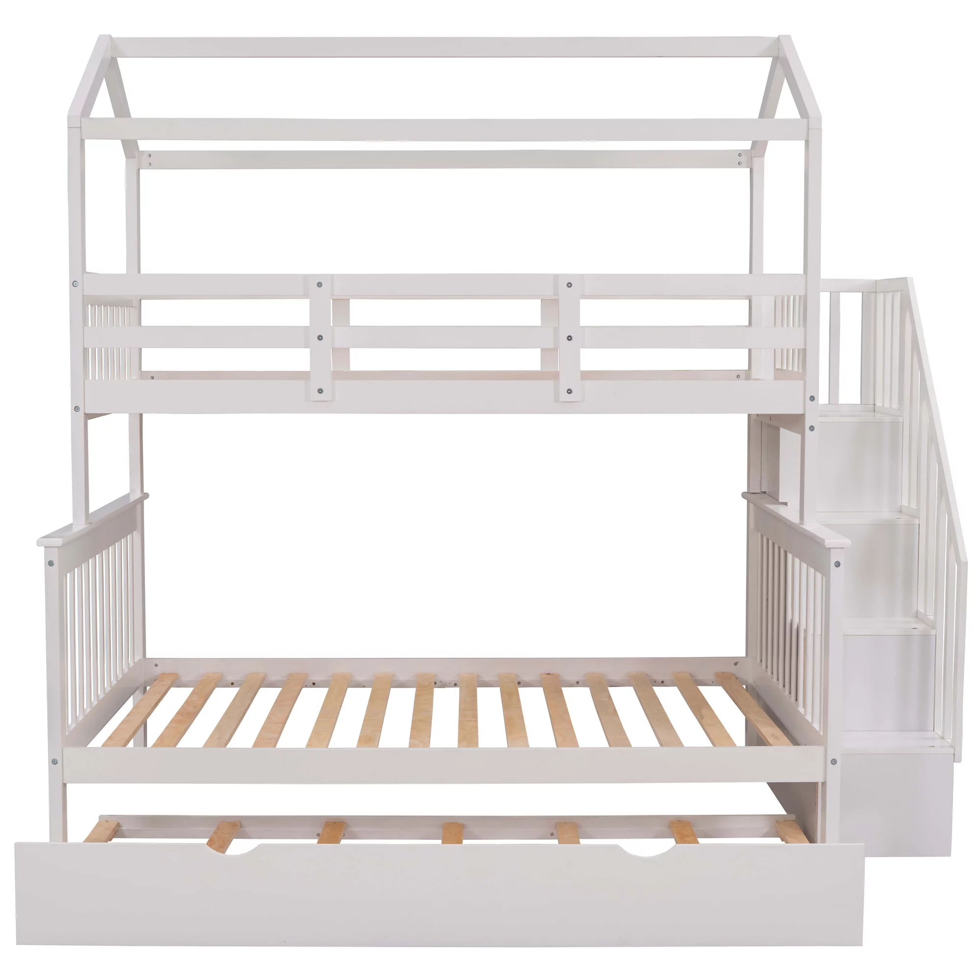 EUROCO Twin over Full House Bunk Bed with Trundle and Staircase, White