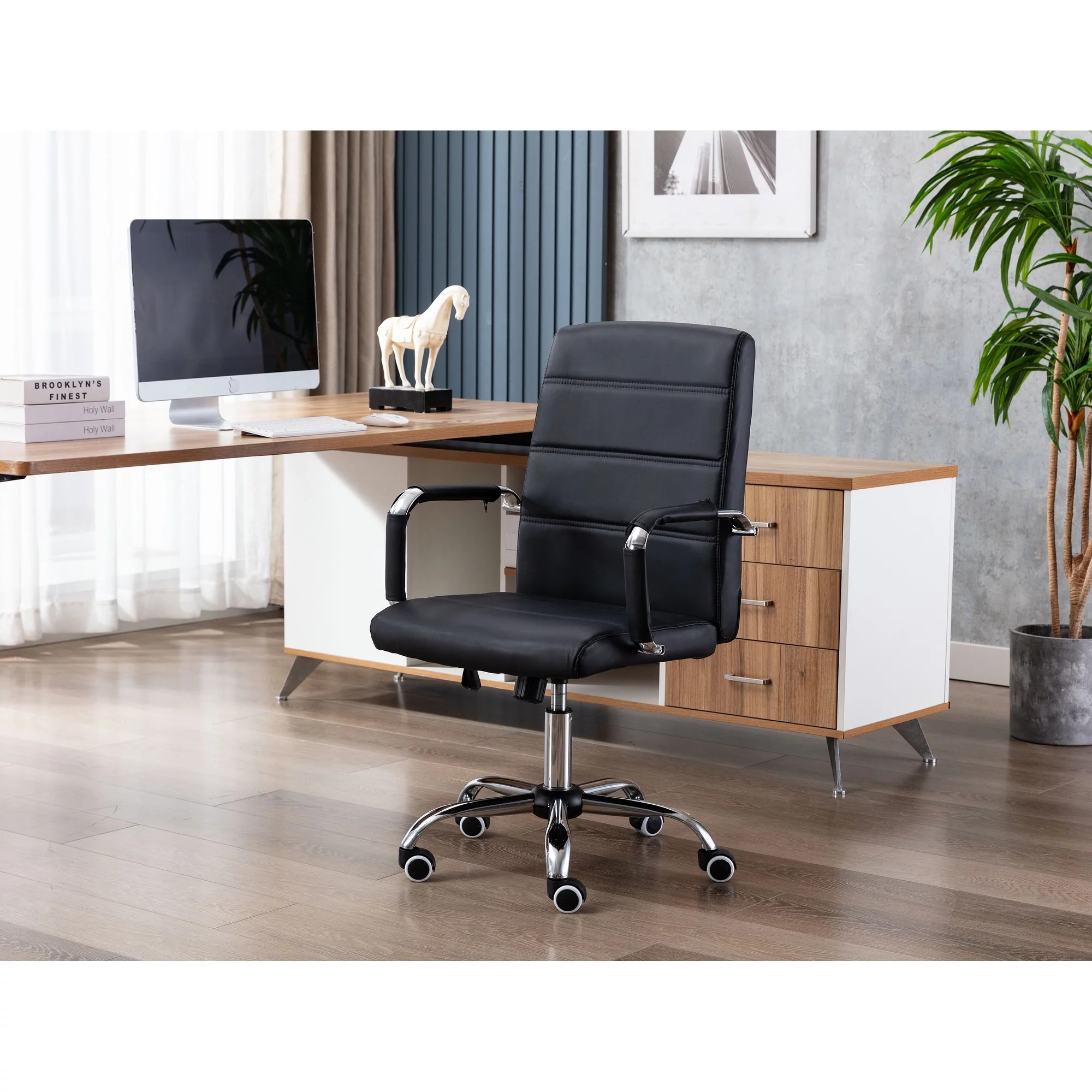 Porthos Home  Luca Swivel Office Chair, PU Leather With Chrome Base Grey