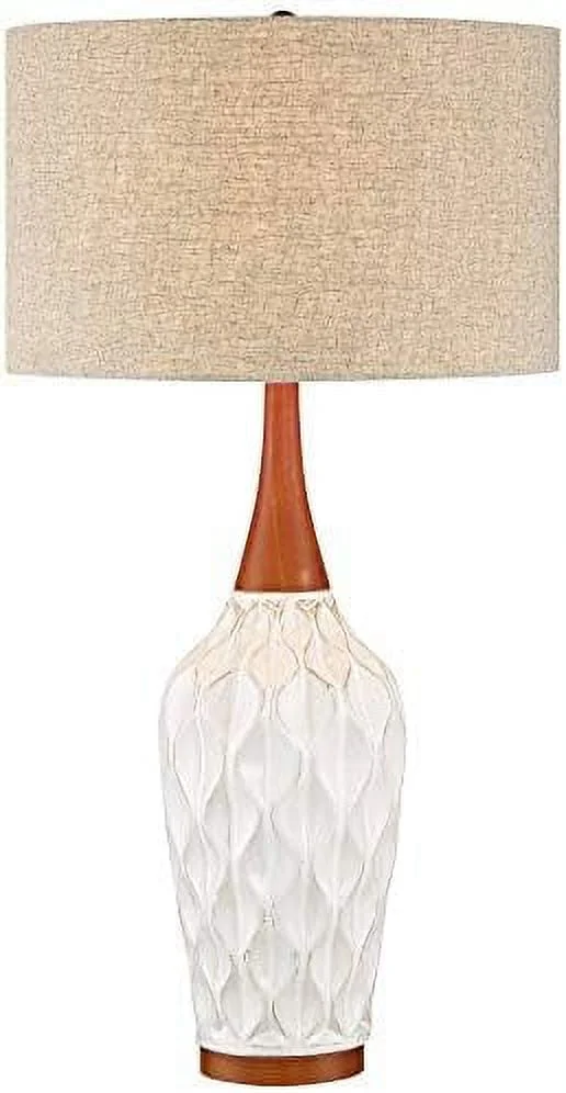 YPDCHB Lighting Rocco Mid Century Modern Table Lamp 30" Tall White Wave Geometric Ceramic Oak Wooden Neck Tan Fabric Drum Shade for Living Room Bedroom House Bedside Nightstand Home O