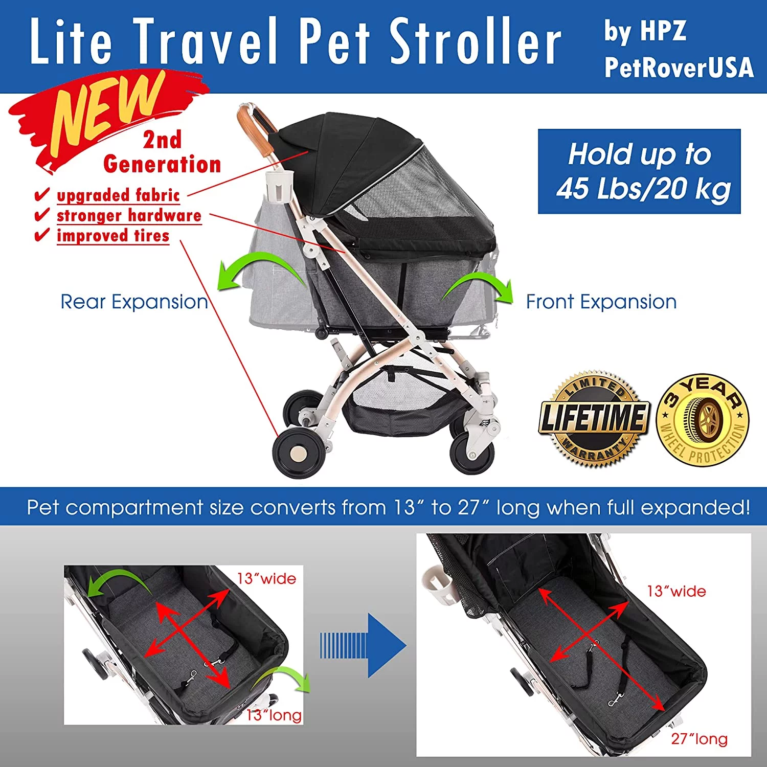 HPZ 2nd Generation Pet Rover Lite Travel Dog & Cat Stroller, Black