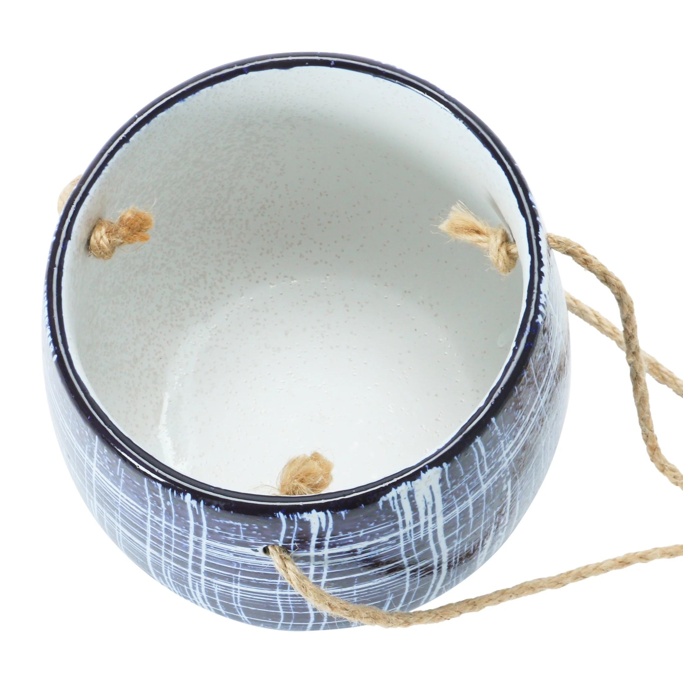 Creative Co-Op Round Hanging Stoneware Planter with Line Patterns and Jute Rope, Blue and Natural
