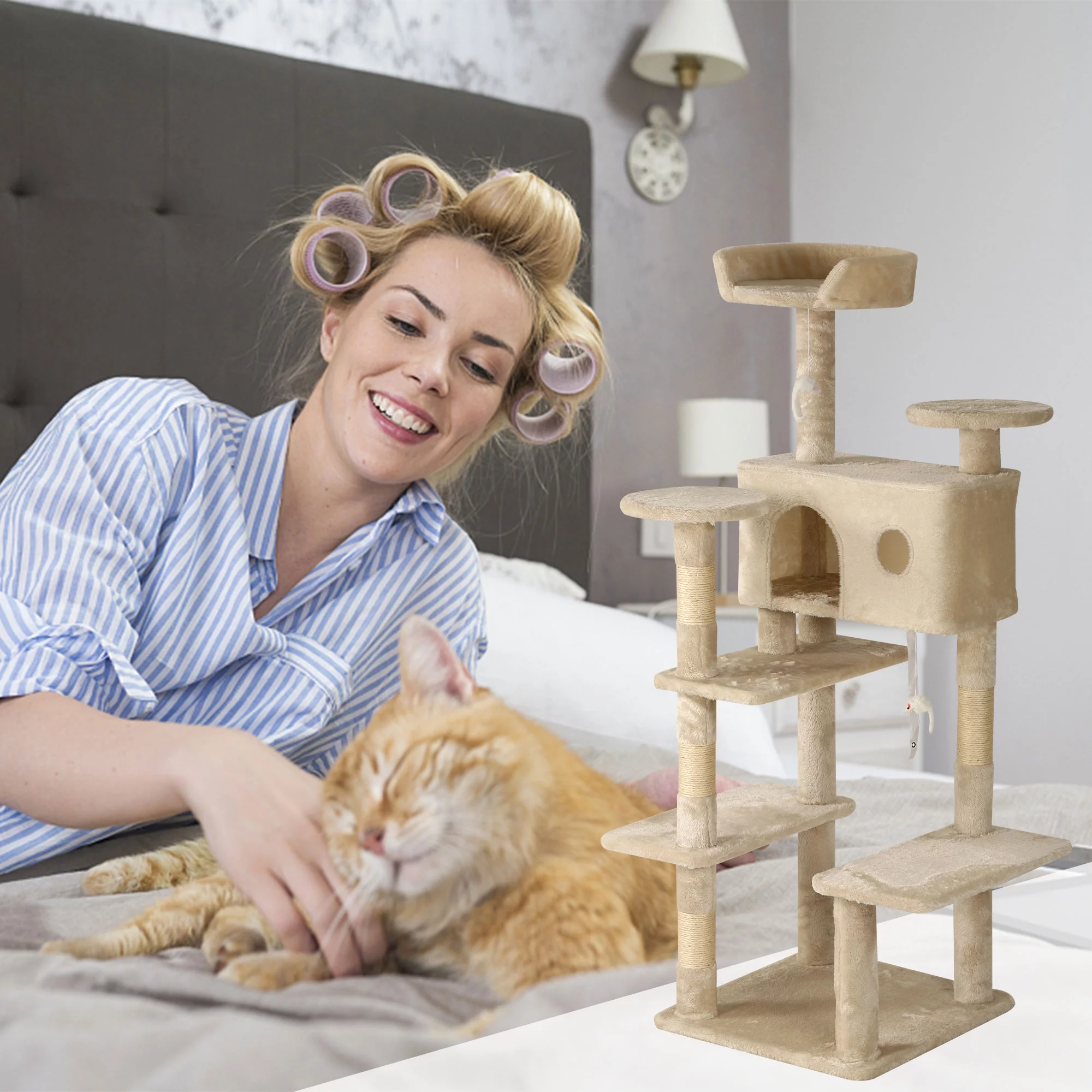 YRLLENSDAN 54in Cat Tree Tower with Cat Scratching Post,Multi-Level Cat Condo Cat Tree for Indoor Cats Stand House Furniture Kittens Activity Tower with Funny Toys for Kitty Pet Play House,Beige