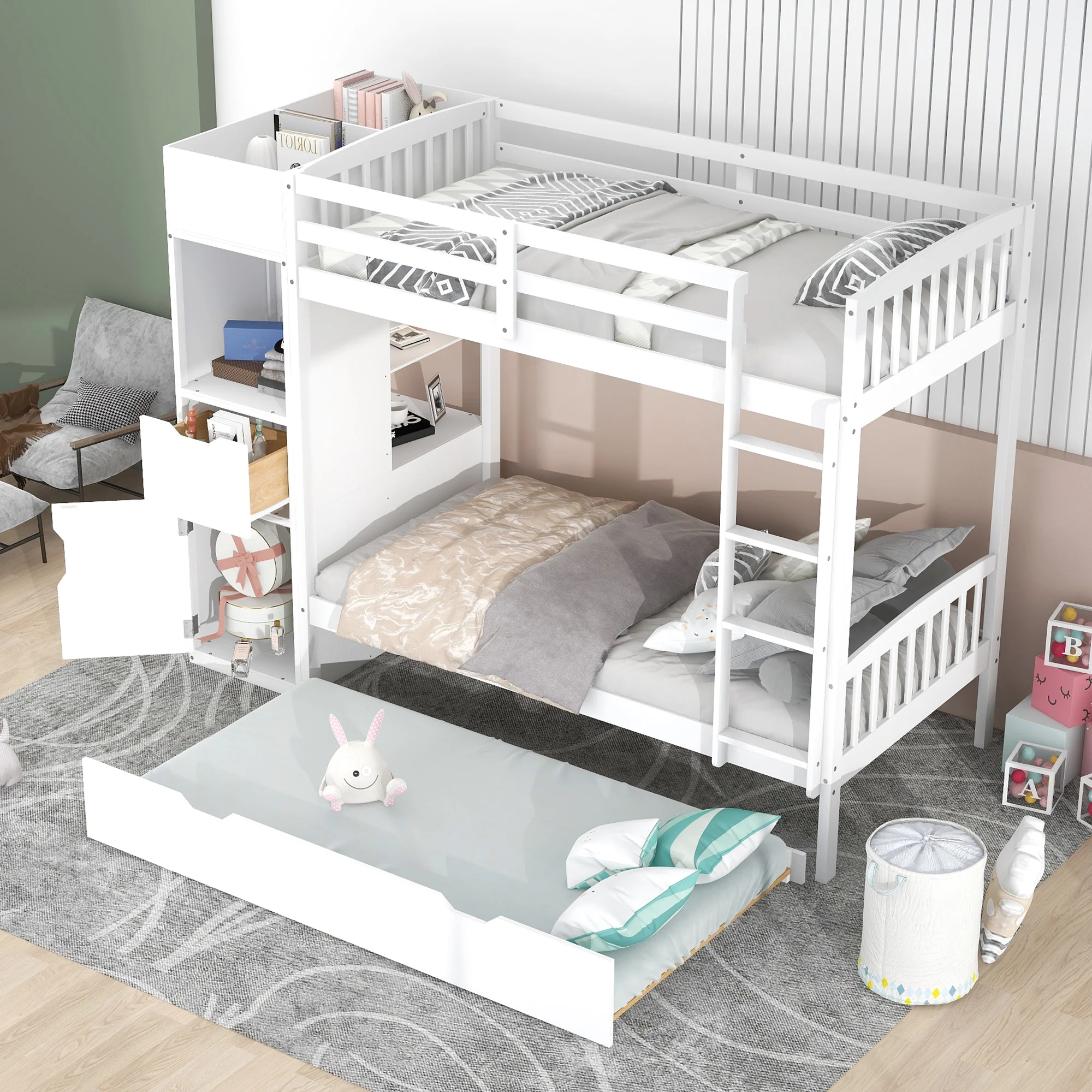 Twin over Twin Bunk Bed with Trundle and Multi-functional Locker, White